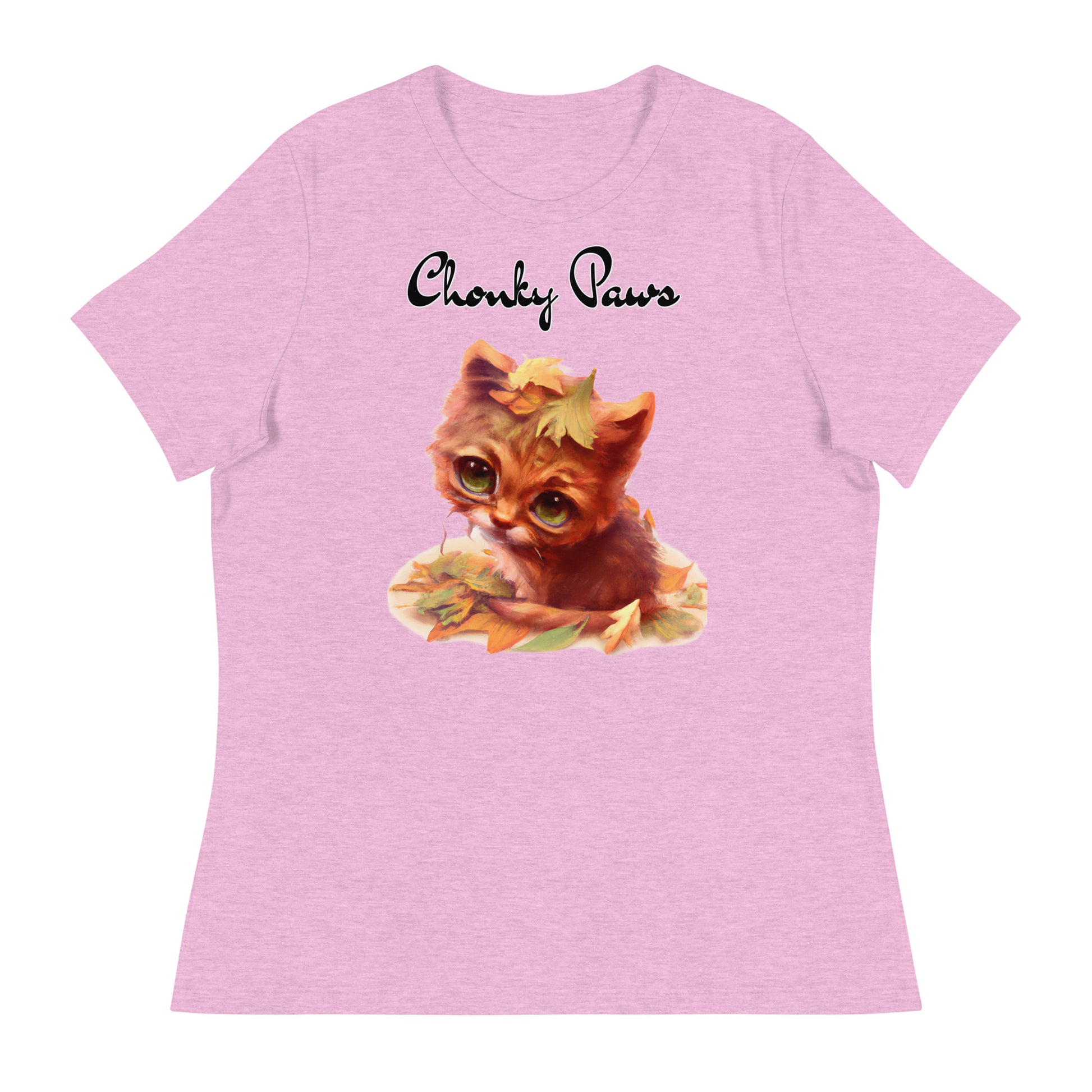 Women's T-Shirt with Ginger Cat With Autumn Leaves with a text "Chonky Paws" at $25.97 found at Personalizedpetlovergifts