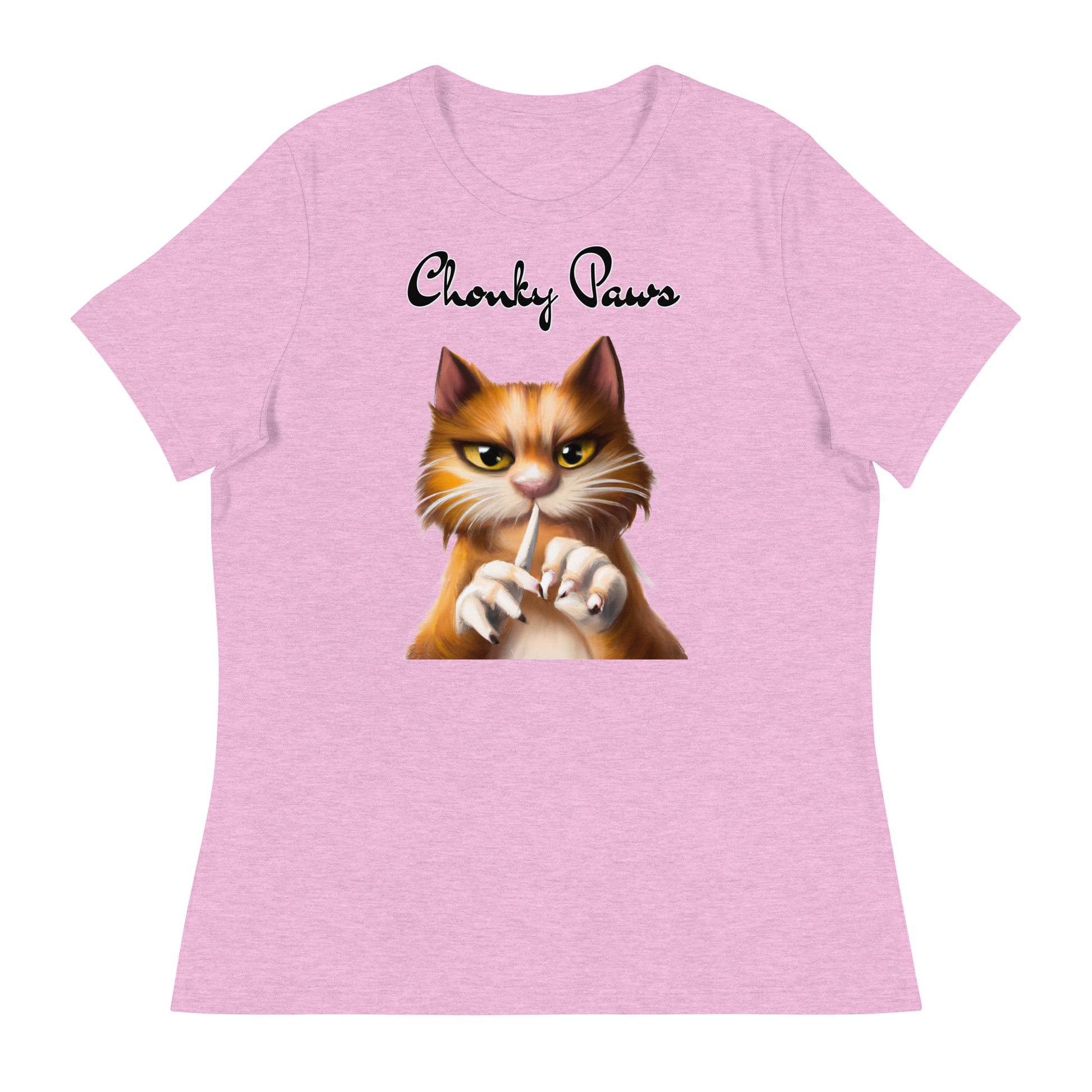 Women's T-Shirt with Ginger Cat Filing Its Nails with a text "Chonky Paws" at $25.97 found at Personalizedpetlovergifts