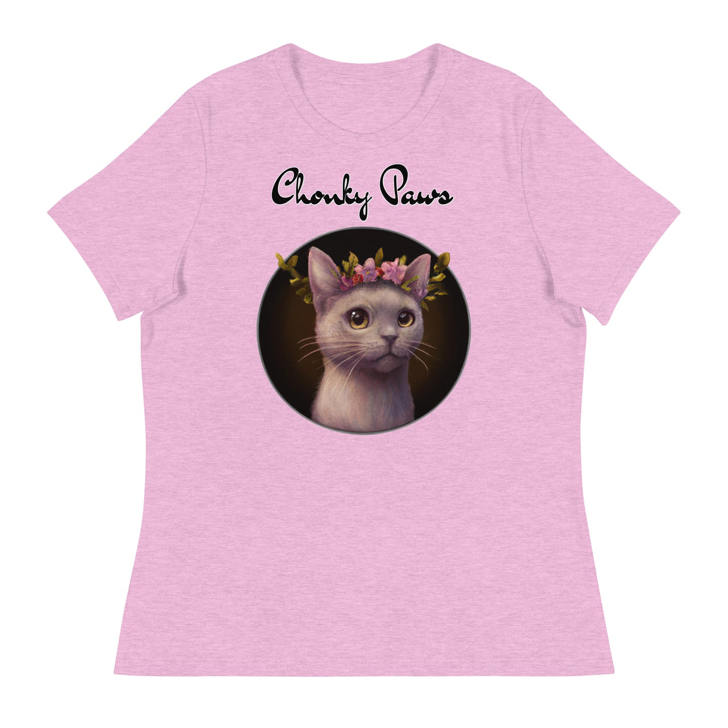 Women's T-Shirt with Gentle Cat With Pink Floral Headpiece with a text "Chonky Paws" at $25.97 found at Personalizedpetlovergifts