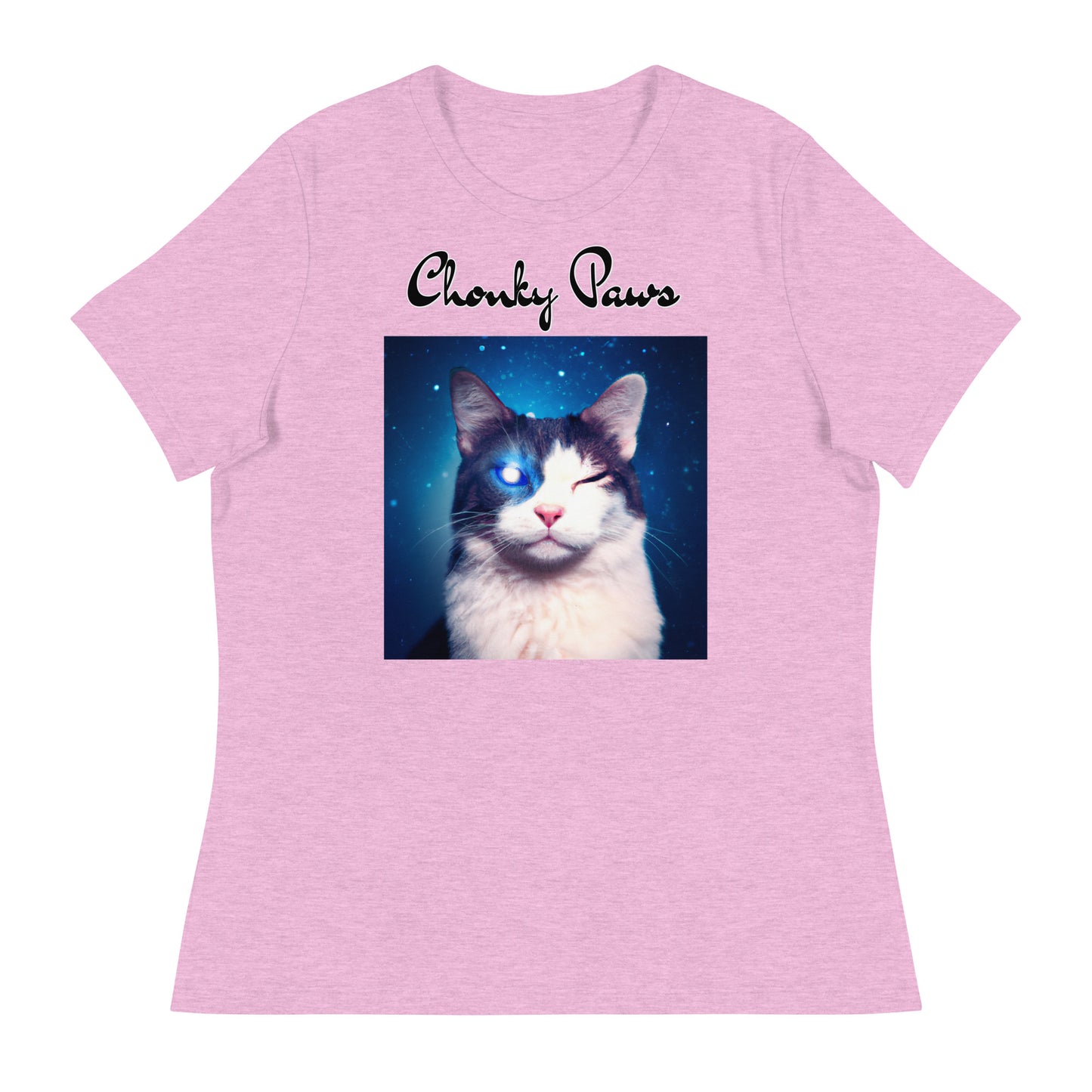 Women's T-Shirt with Galaxy Eyed Cat with a text "Chonky Paws" at $25.97 found at Personalizedpetlovergifts