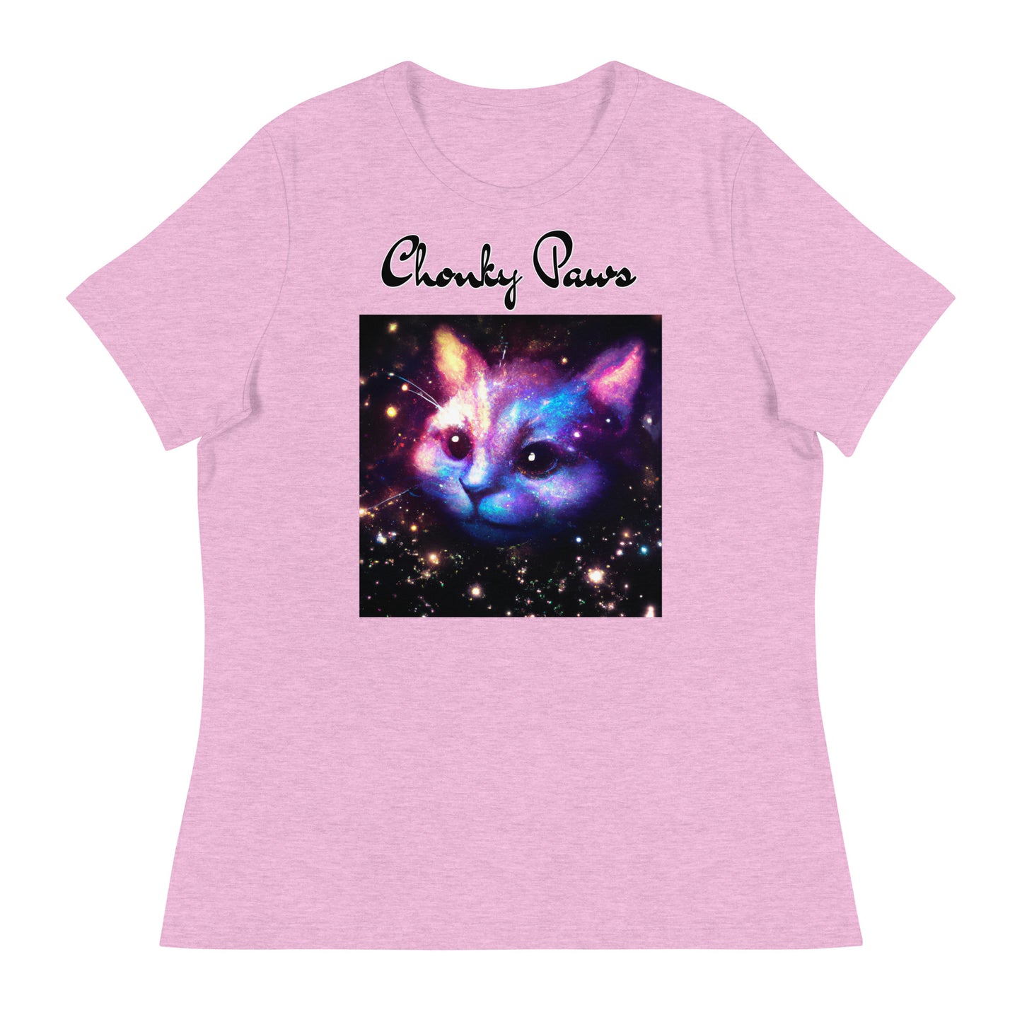 Women's T-Shirt with Galaxy Cat with a text "Chonky Paws" at $25.97 found at Personalizedpetlovergifts