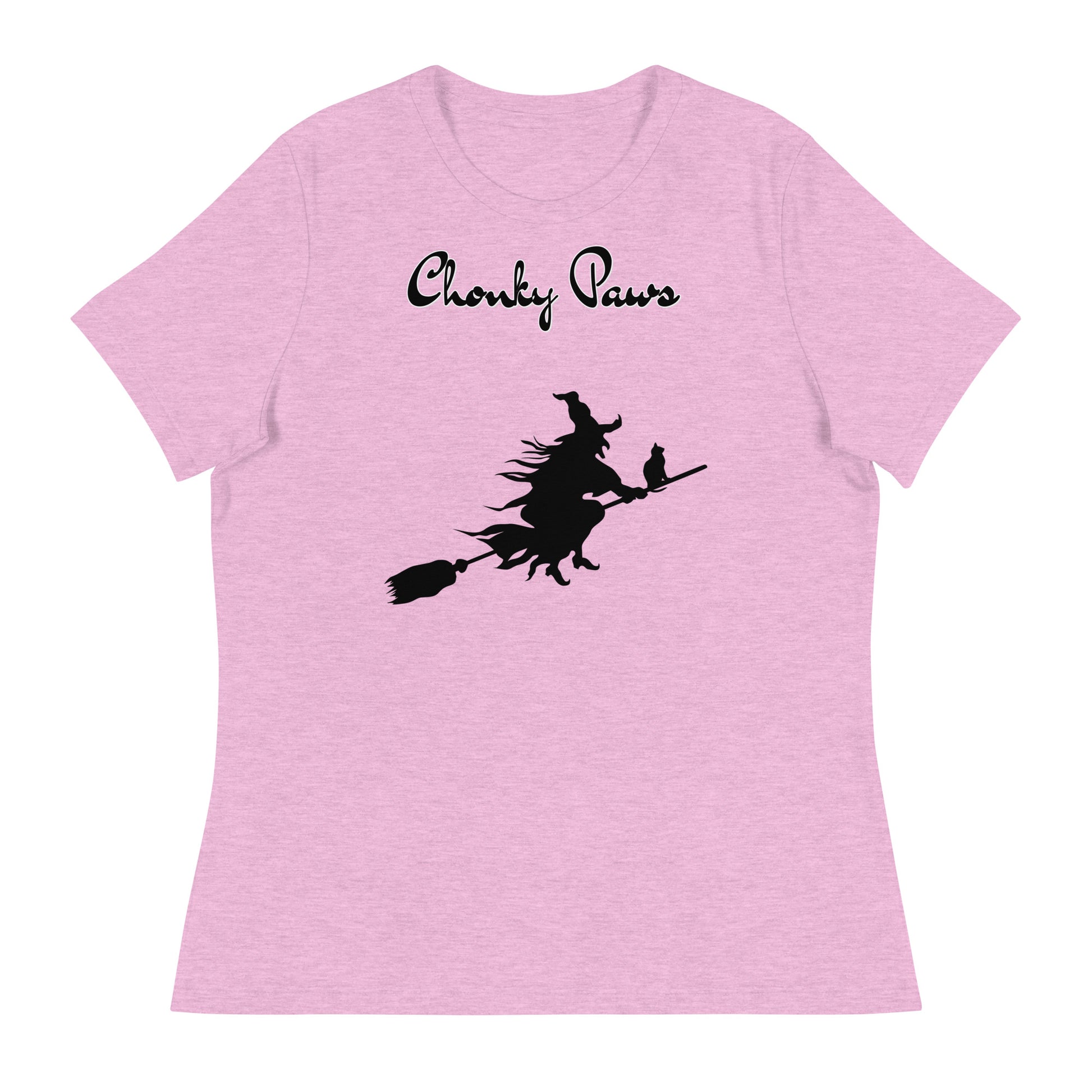 Women's T-Shirt with Flying Witch With Cat On a Broom with a text "Chonky Paws" at $25.97 found at Personalizedpetlovergifts