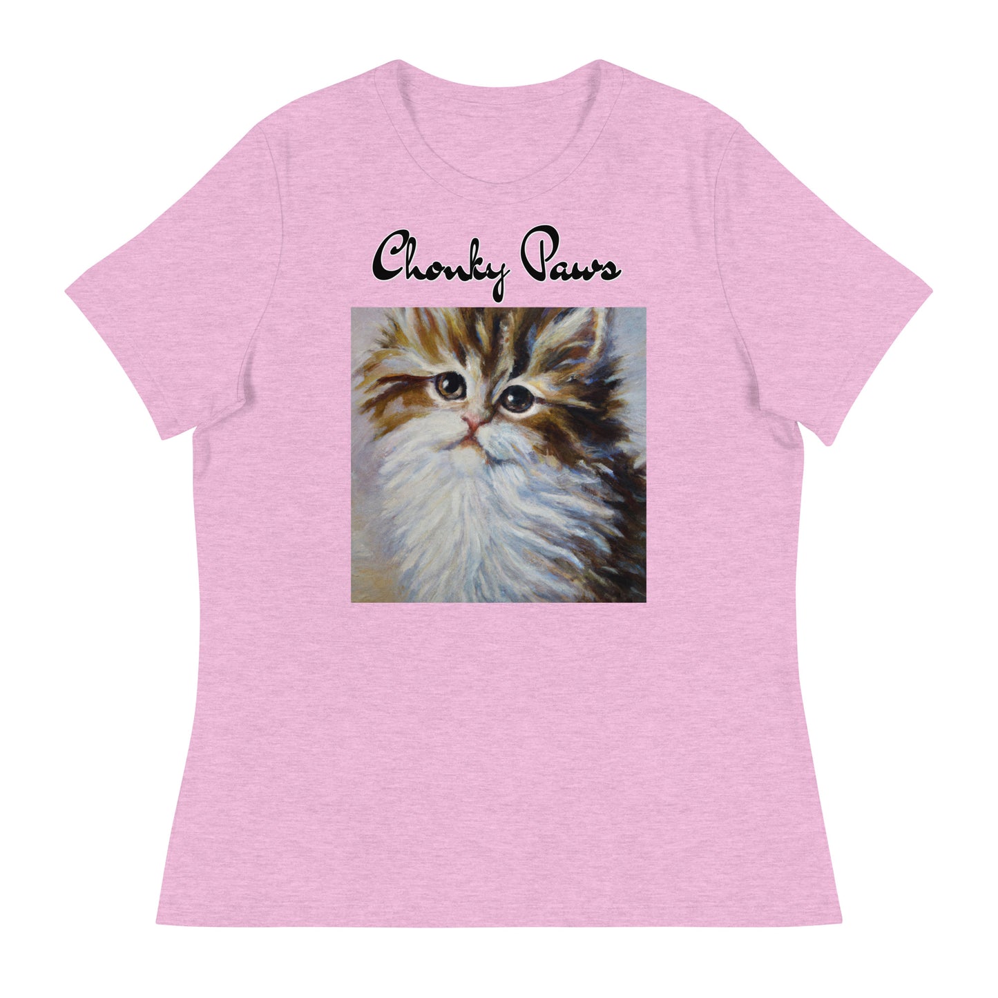 Women's T-Shirt with Fluffy Wispy Kitten Oil Painting with a text "Chonky Paws" at $25.97 found at Personalizedpetlovergifts