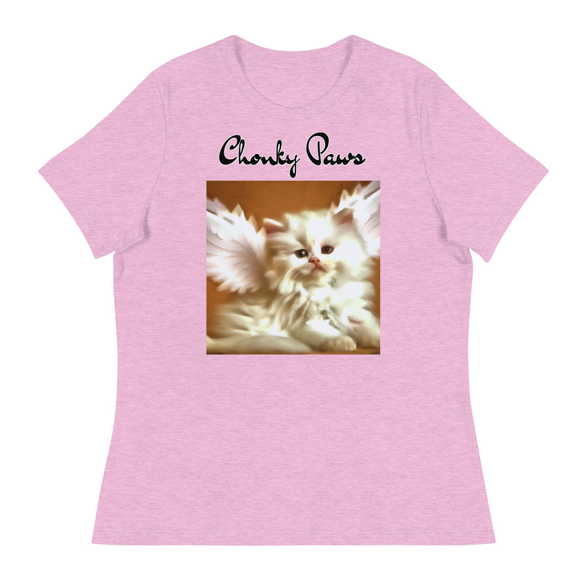 Women's T-Shirt with Fluffy White Kitten With Angel Wings with a text "Chonky Paws" at $25.97 found at Personalizedpetlovergifts