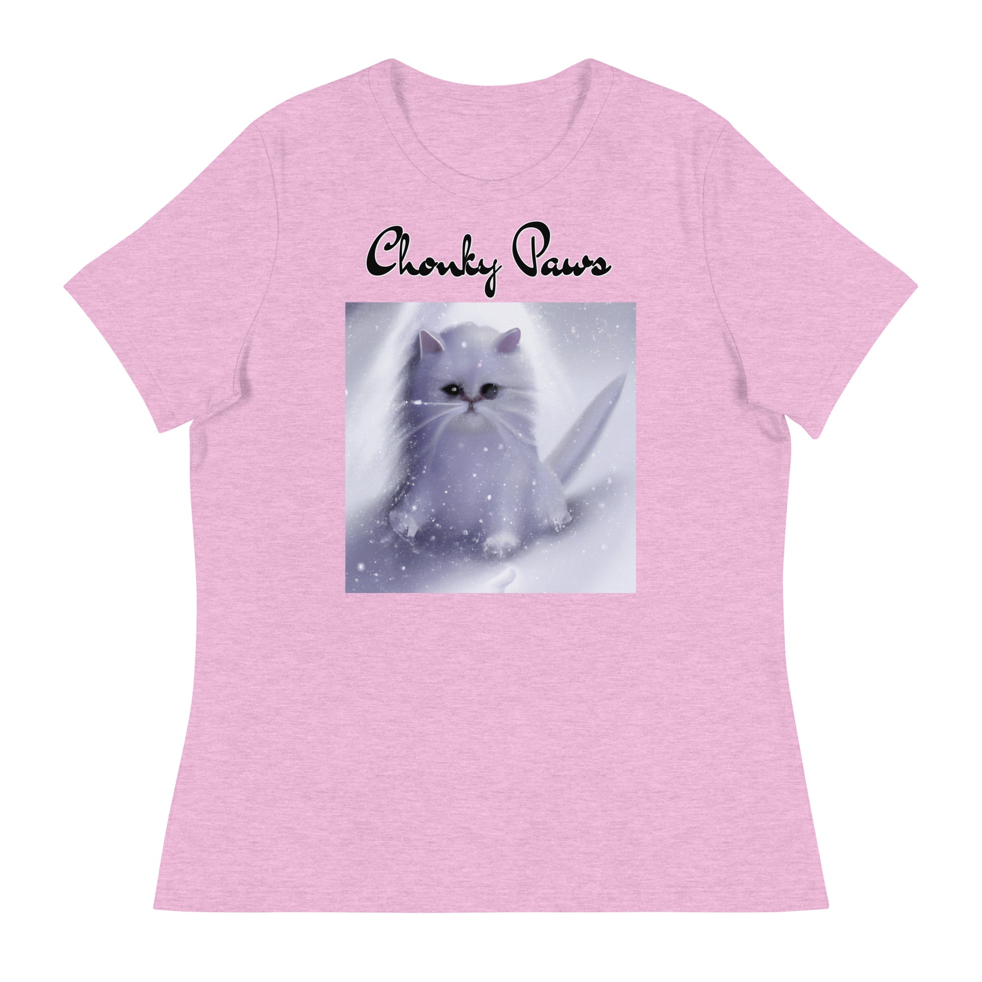 Women's T-Shirt with Fluffy White Kitten In The SNow with a text "Chonky Paws" at $25.97 found at Personalizedpetlovergifts