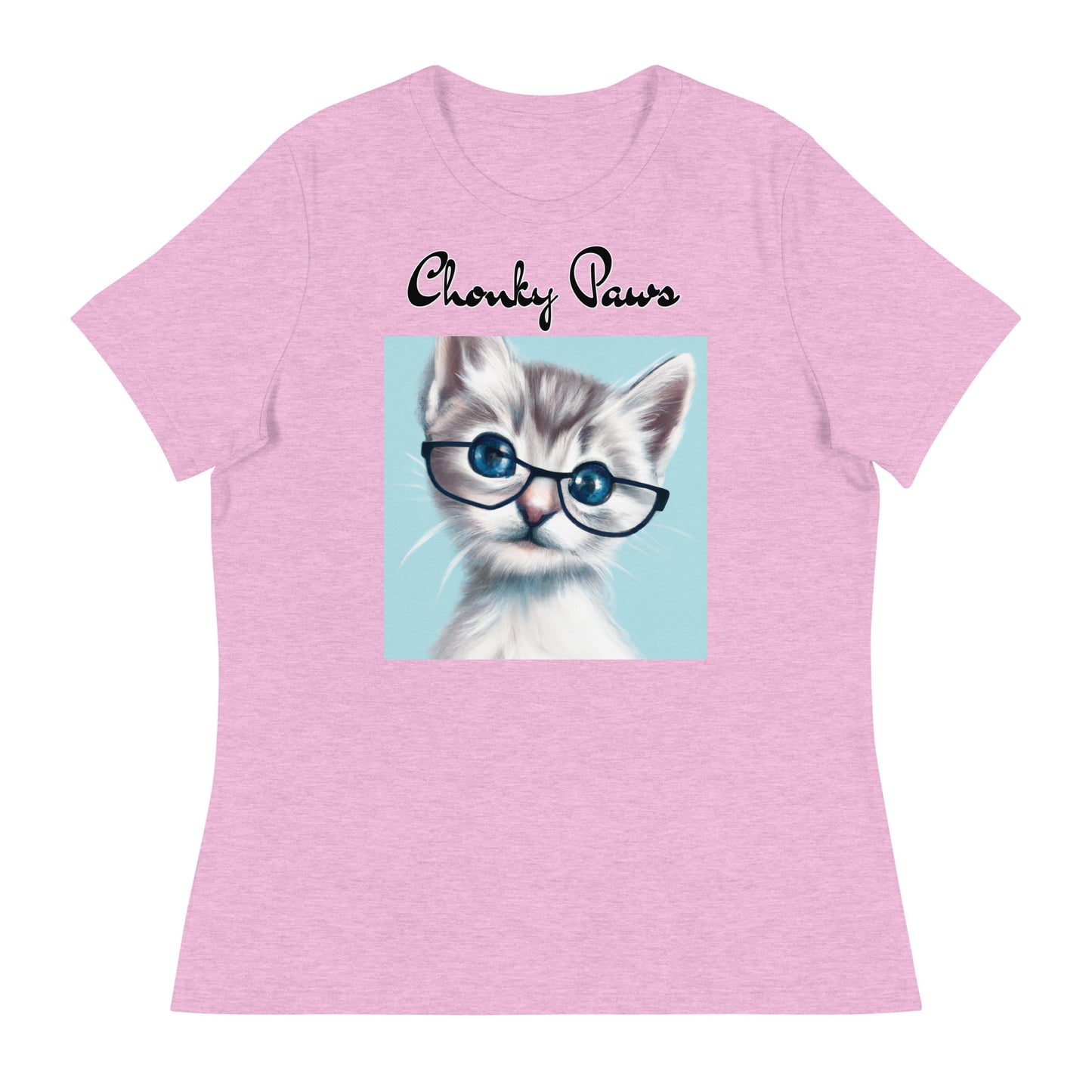 Women's T-Shirt with Fluffy Kitten With Glasses with a text "Chonky Paws" at $25.97 found at Personalizedpetlovergifts