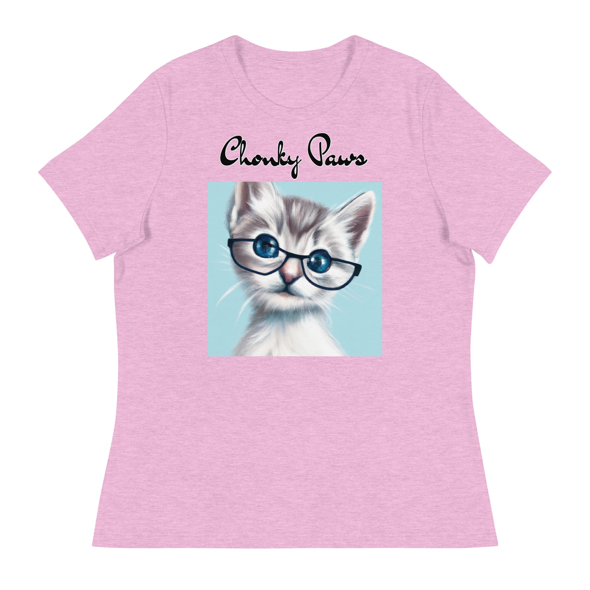 Women's T-Shirt with Fluffy Kitten With Glasses with a text "Chonky Paws" at $25.97 found at Personalizedpetlovergifts