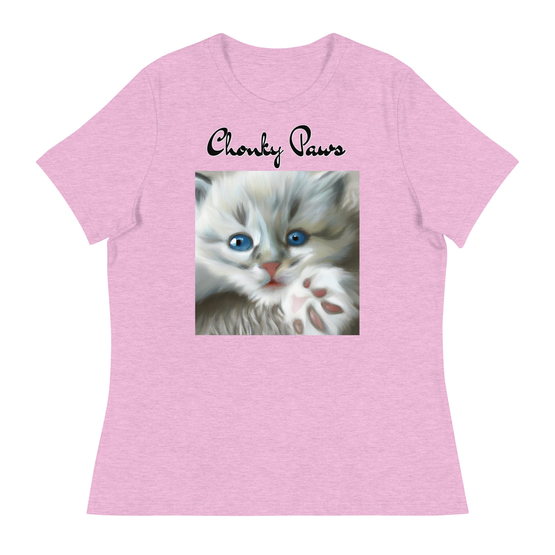 Women's T-Shirt with Fluffy Kitten With Fluffy Paw with a text "Chonky Paws" at $25.97 found at Personalizedpetlovergifts