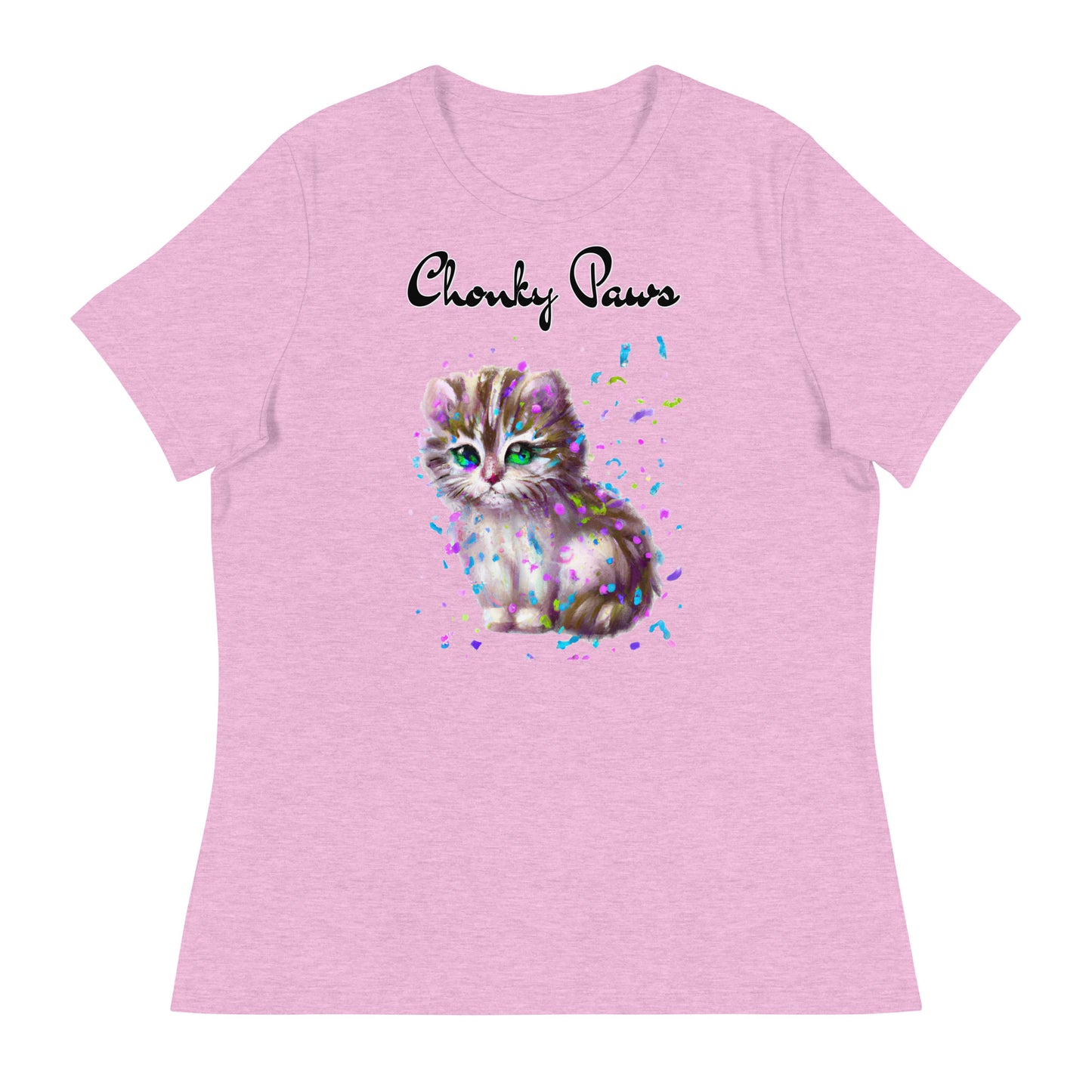 Women's T-Shirt with Fluffy Kitten With Confetti with a text "Chonky Paws" at $25.97 found at Personalizedpetlovergifts