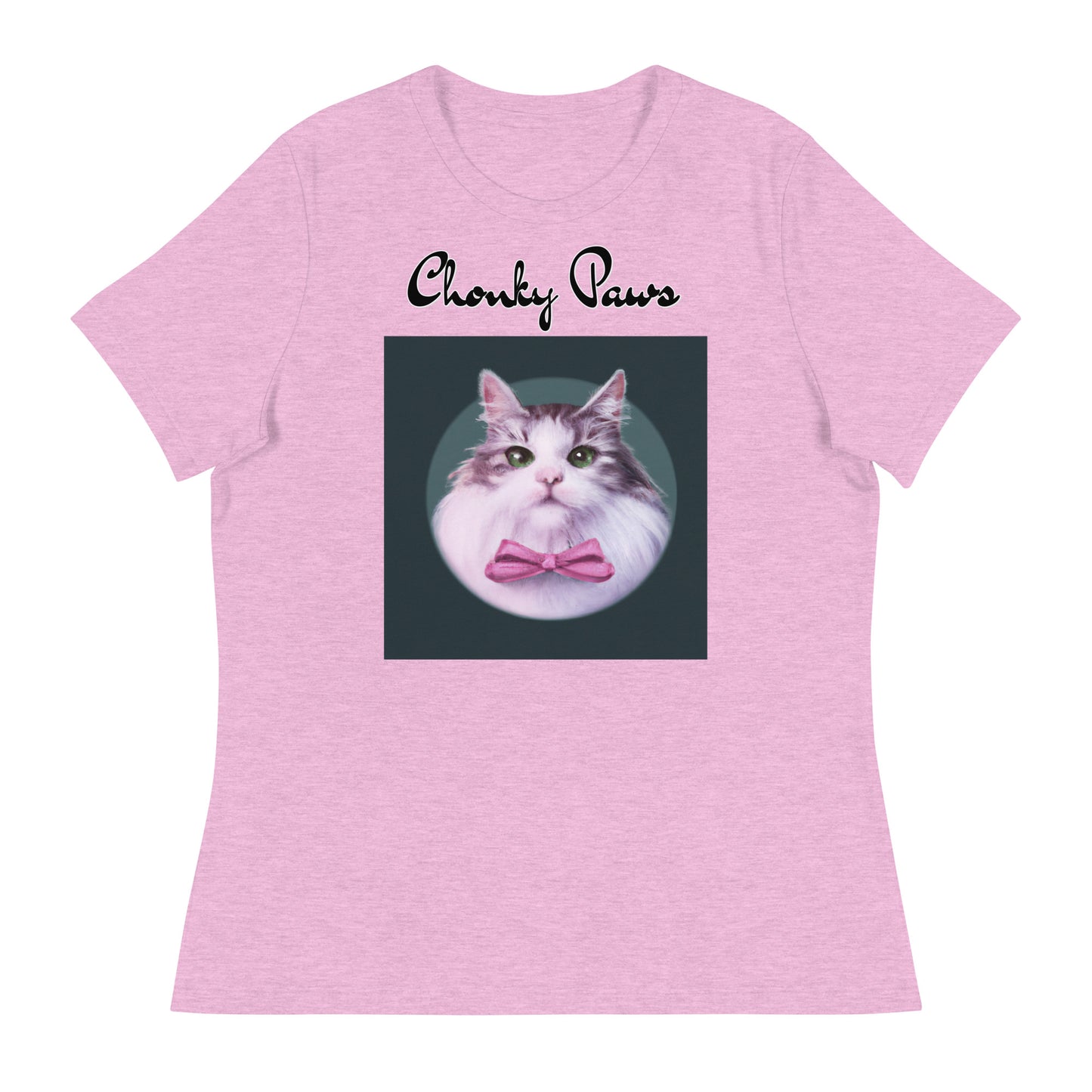 Women's T-Shirt with Fluffy Kitten With a Pink Bow with a text "Chonky Paws" at $25.97 found at Personalizedpetlovergifts