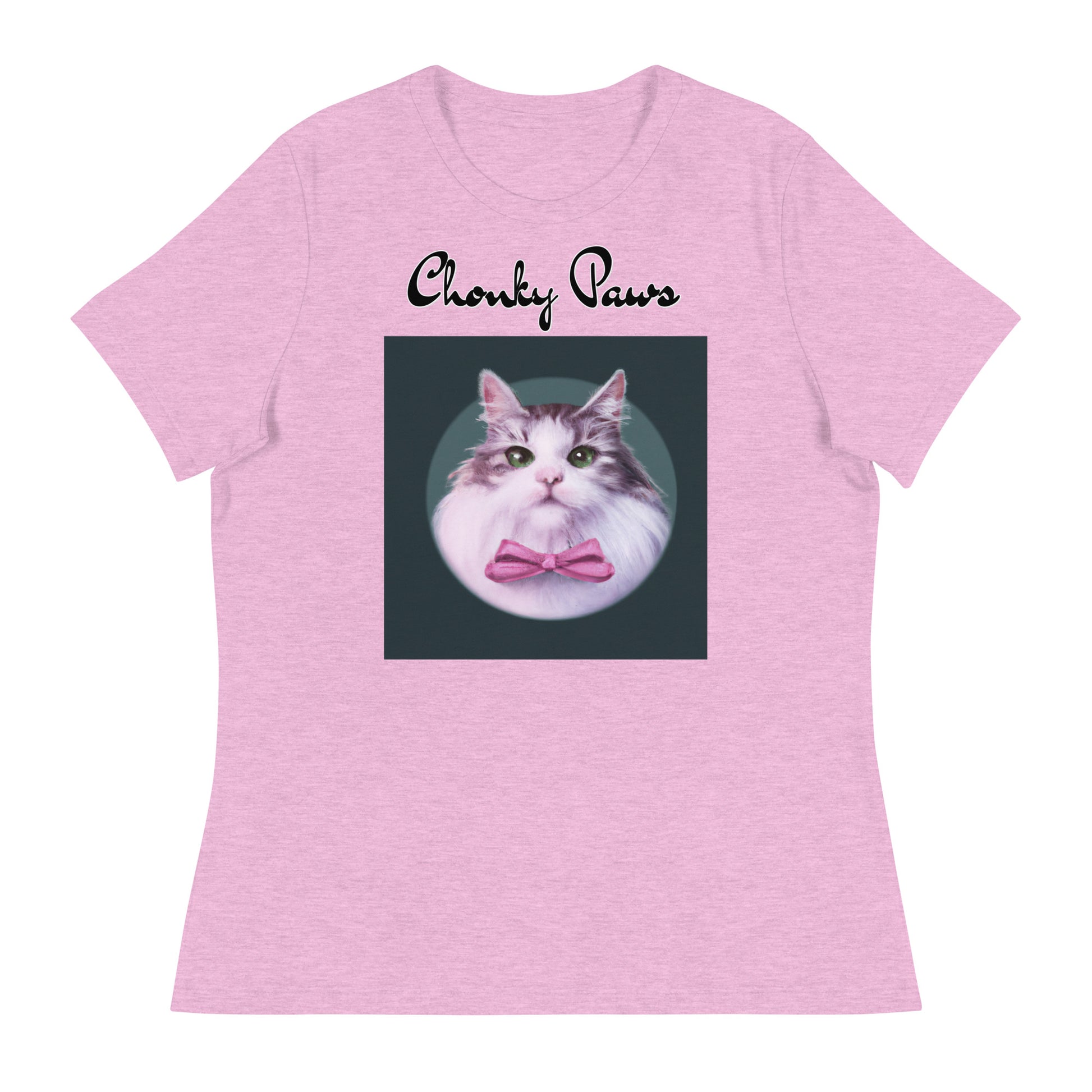 Women's T-Shirt with Fluffy Kitten With a Pink Bow with a text "Chonky Paws" at $25.97 found at Personalizedpetlovergifts