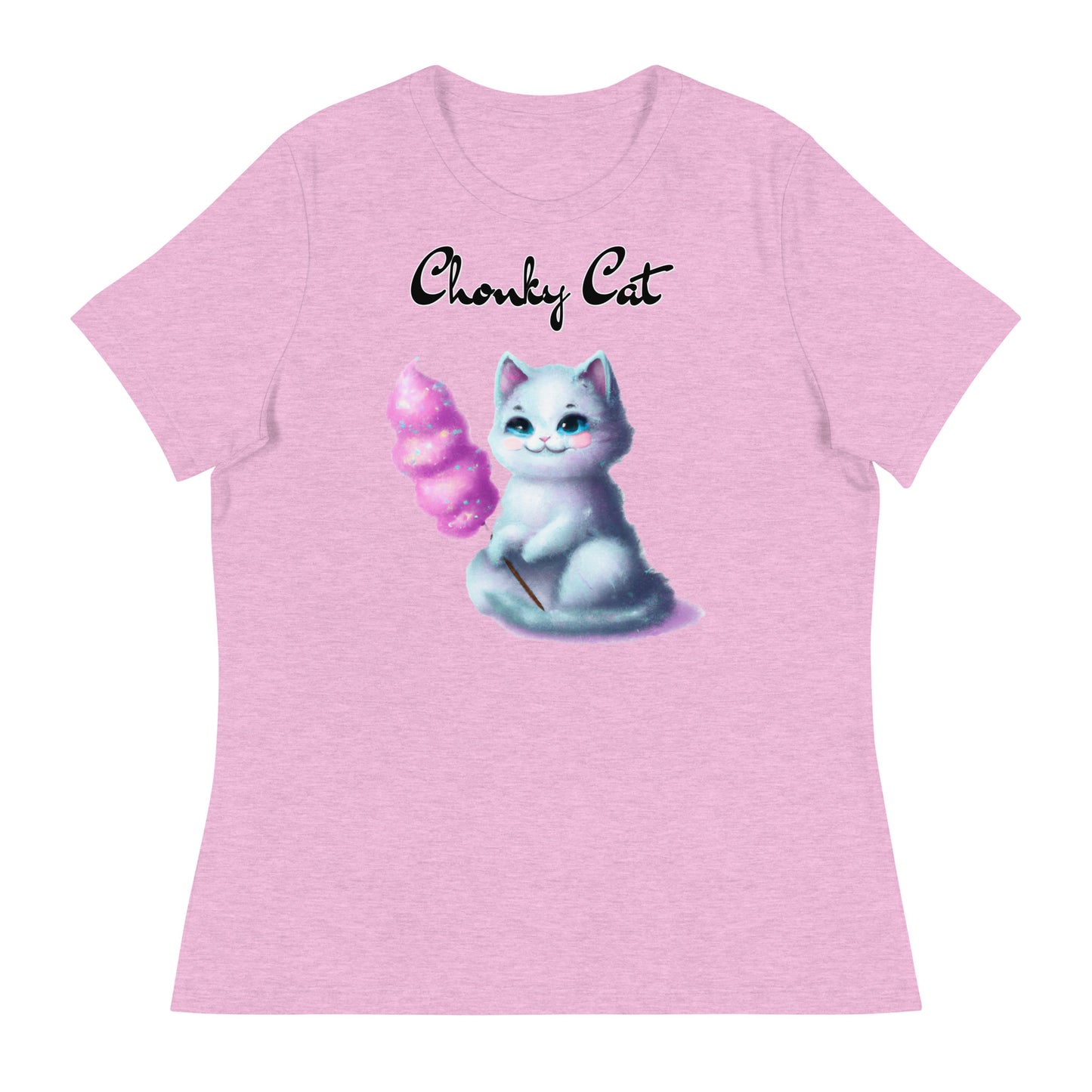 Women's T-Shirt with Kitten Holding A Cotton Candy with a text "Chonky Cat" at $25.97 found at Personalizedpetlovergifts