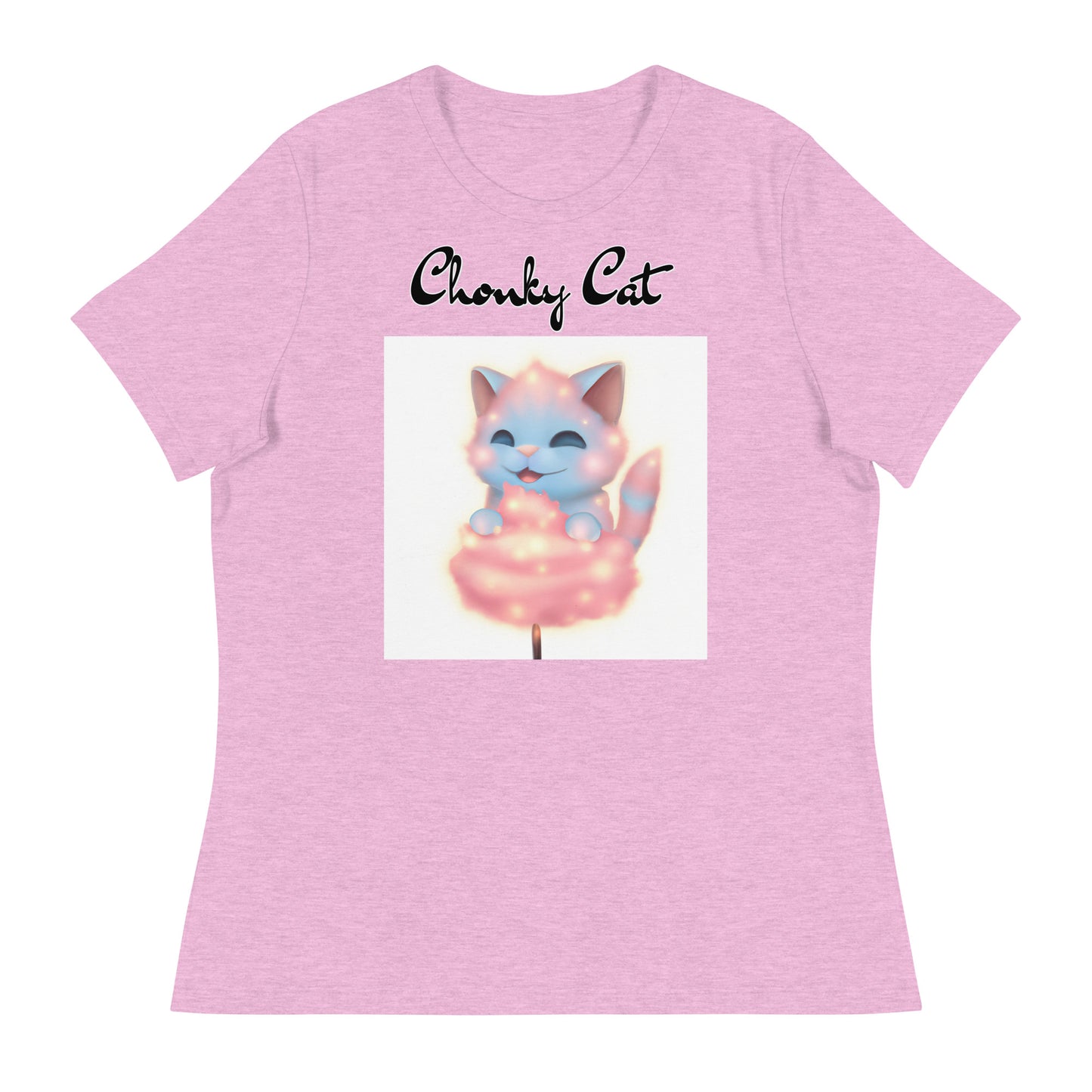 Women's T-Shirt with Kitten Enjoying a Cotton Candy with a text "Chonky Cat" at $25.97 found at Personalizedpetlovergifts