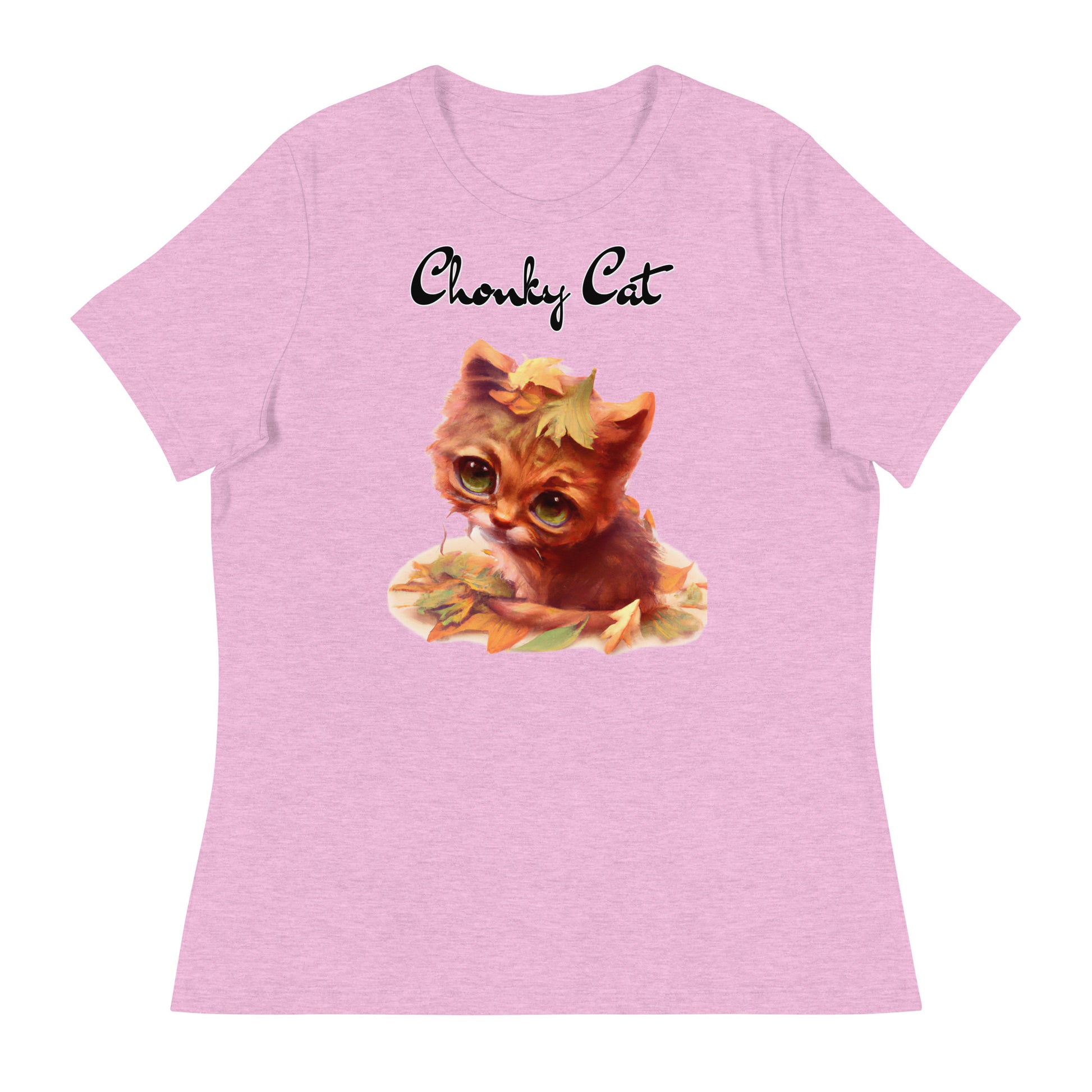 Women's T-Shirt with Ginger Cat With Autumn Leaves with a text "Chonky Cat" at $25.97 found at Personalizedpetlovergifts