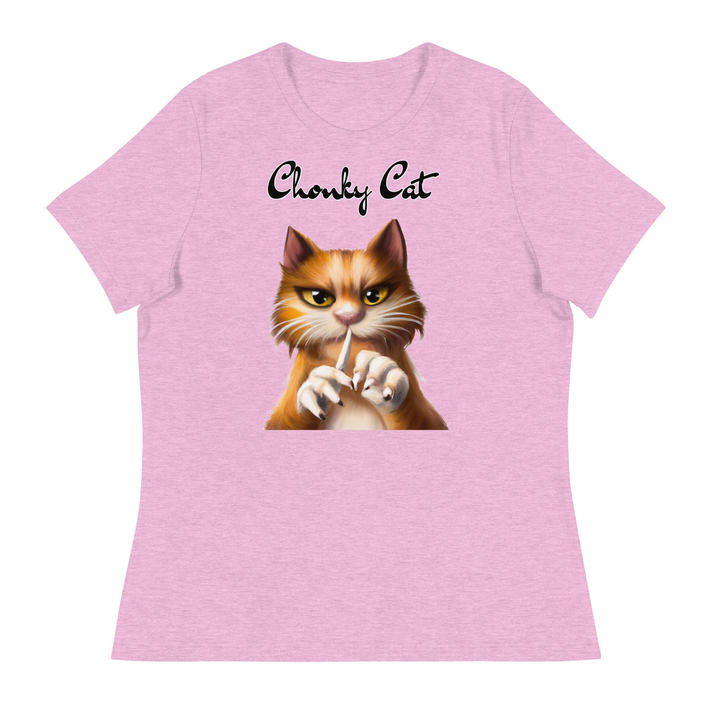 Women's T-Shirt with Ginger Cat Filing Its Nails with a text "Chonky Cat" at $25.97 found at Personalizedpetlovergifts