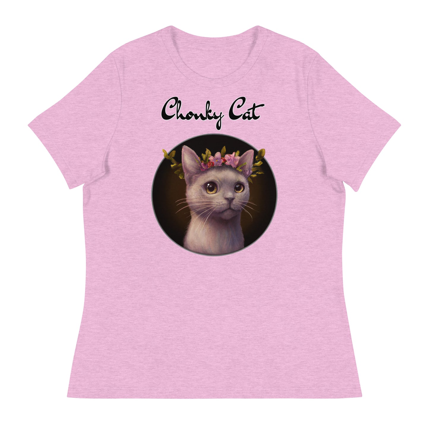 Women's T-Shirt with Gentle Cat With Pink Floral Headpiece with a text "Chonky Cat" at $25.97 found at Personalizedpetlovergifts