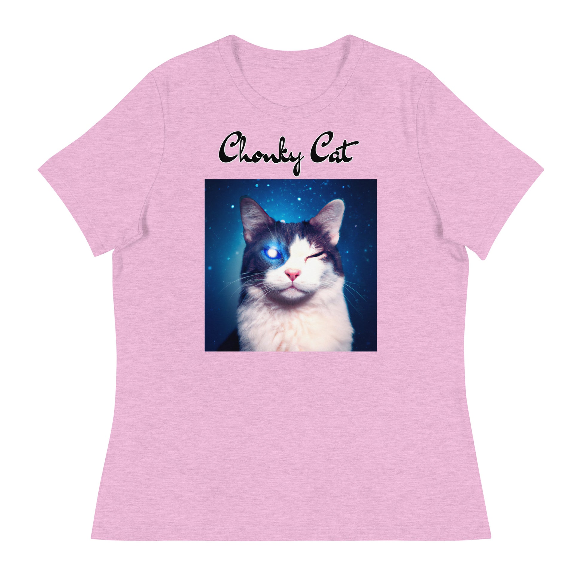 Women's T-Shirt with Galaxy Eyed Cat with a text "Chonky Cat" at $25.97 found at Personalizedpetlovergifts