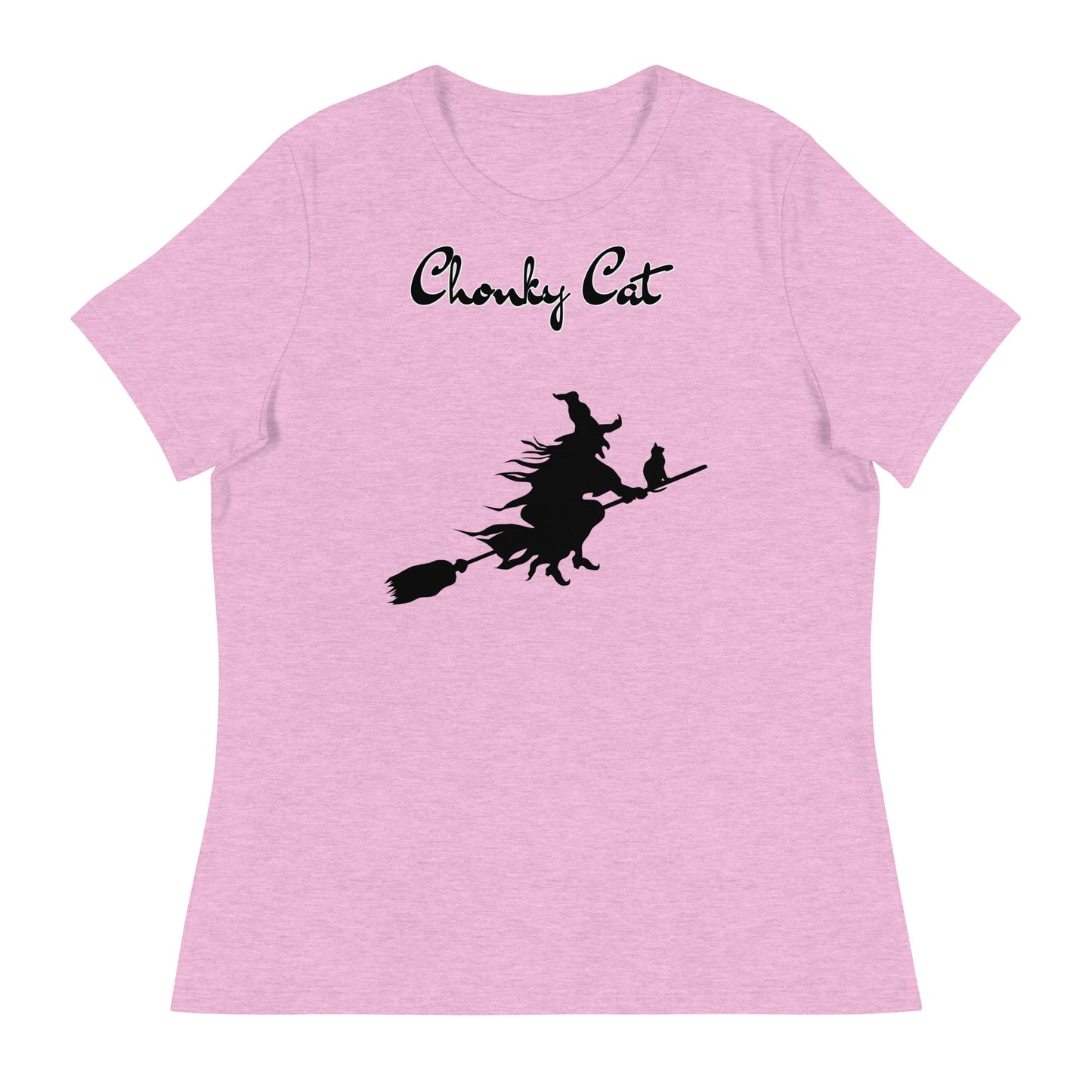 Women's T-Shirt with Flying Witch With Cat On a Broom with a text "Chonky Cat" at $25.97 found at Personalizedpetlovergifts