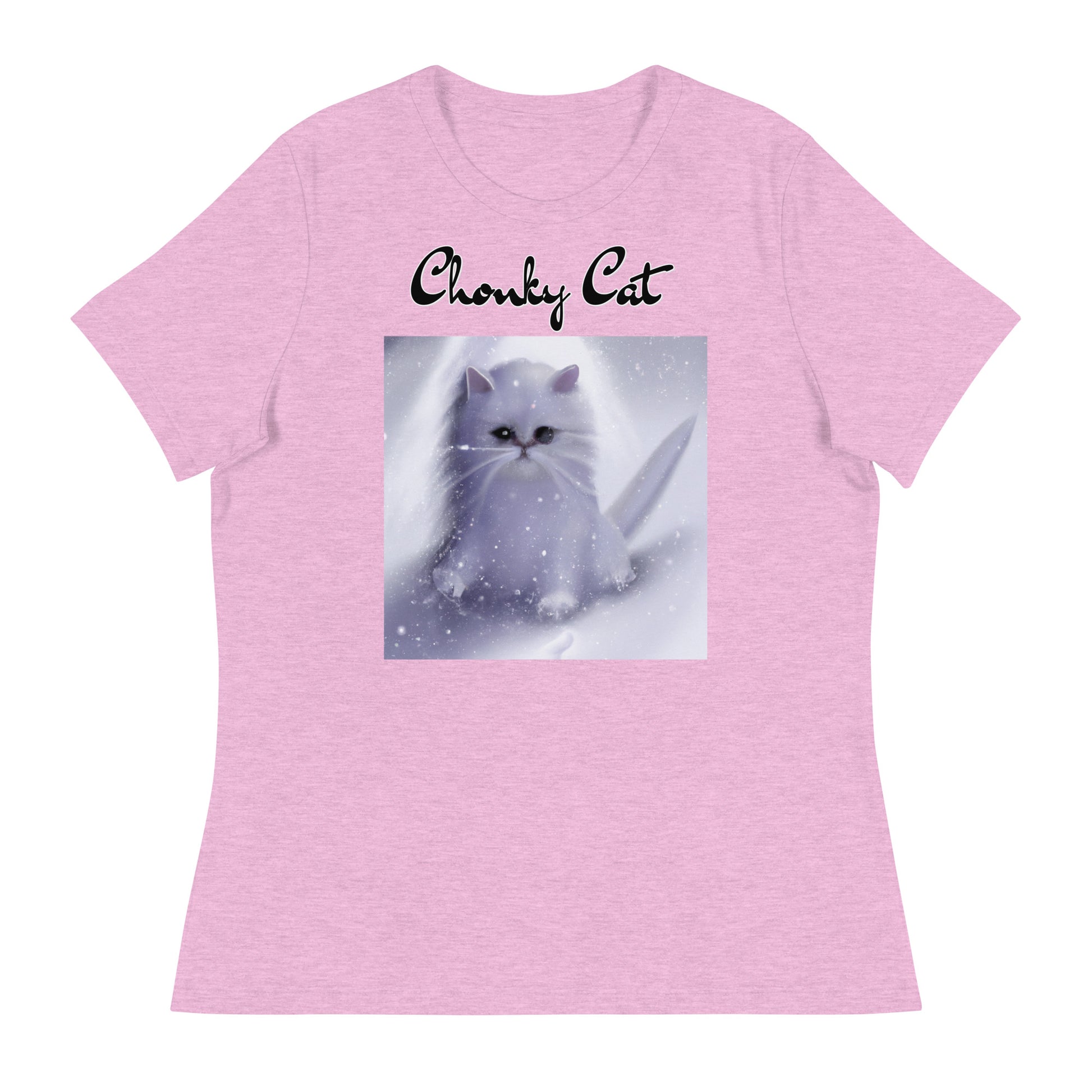 Women's T-Shirt with Fluffy White Kitten In The SNow with a text "Chonky Cat" at $25.97 found at Personalizedpetlovergifts