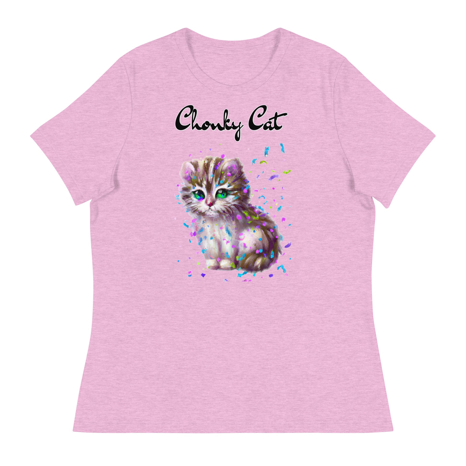 Women's T-Shirt with Fluffy Kitten With Confetti with a text "Chonky Cat" at $25.97 found at Personalizedpetlovergifts