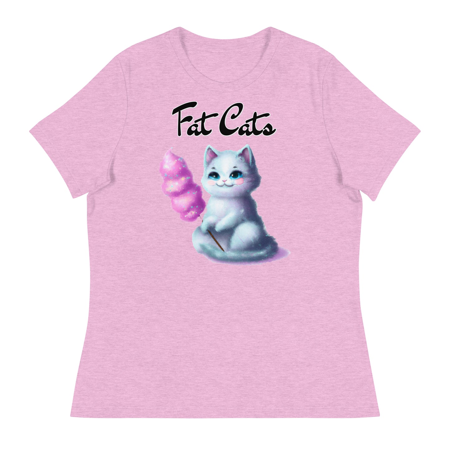 Women's T-Shirt with Kitten Holding A Cotton Candy with a text "Fat Cats" at $25.97 found at Personalizedpetlovergifts