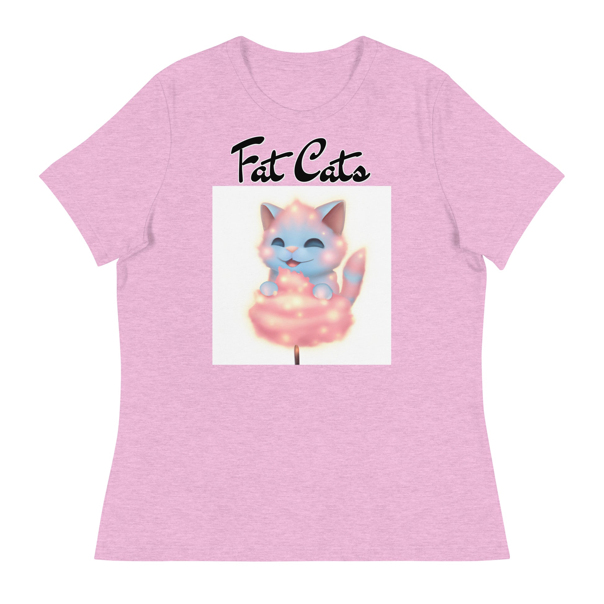 Women's T-Shirt with Kitten Enjoying a Cotton Candy with a text "Fat Cats" at $25.97 found at Personalizedpetlovergifts