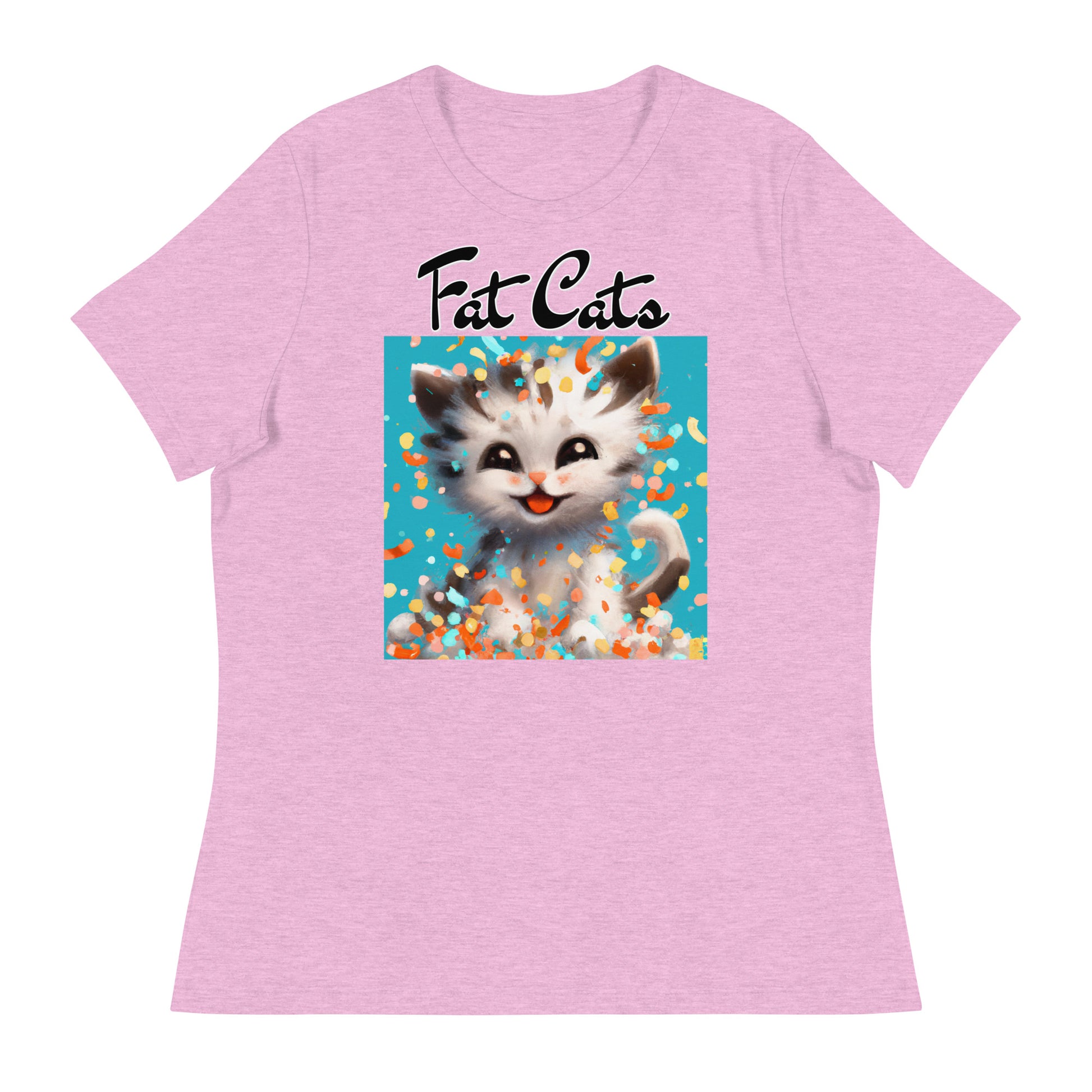 Women's T-Shirt with Happy Kitten With Confetti with a text "Fat Cats" at $25.97 found at Personalizedpetlovergifts