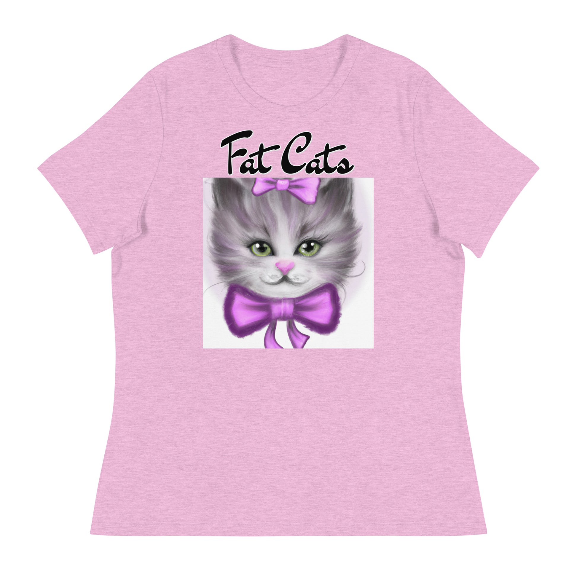 Women's T-Shirt with Happy Kitten With a Purple Bow with a text "Fat Cats" at $25.97 found at Personalizedpetlovergifts