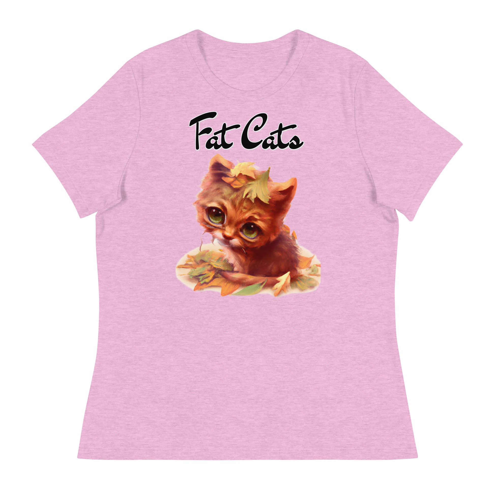 Women's T-Shirt with Ginger Cat With Autumn Leaves with a text "Fat Cats" at $25.97 found at Personalizedpetlovergifts