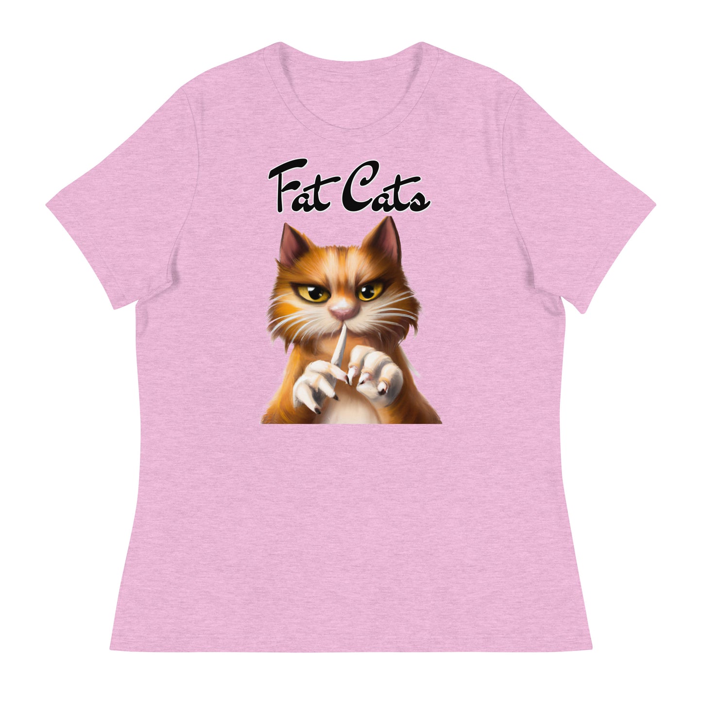 Women's T-Shirt with Ginger Cat Filing Its Nails with a text "Fat Cats" at $25.97 found at Personalizedpetlovergifts