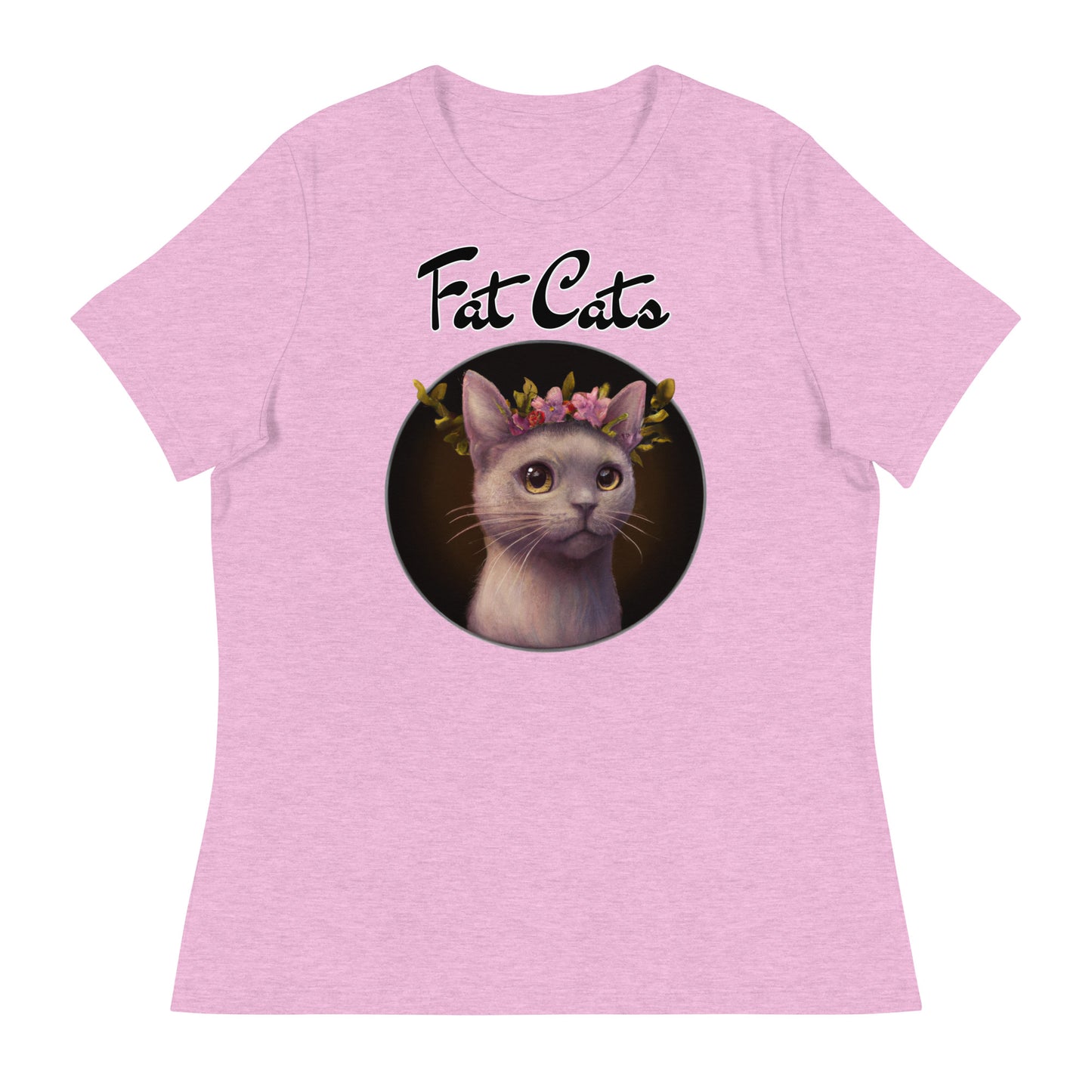 Women's T-Shirt with Gentle Cat With Pink Floral Headpiece with a text "Fat Cats" at $25.97 found at Personalizedpetlovergifts