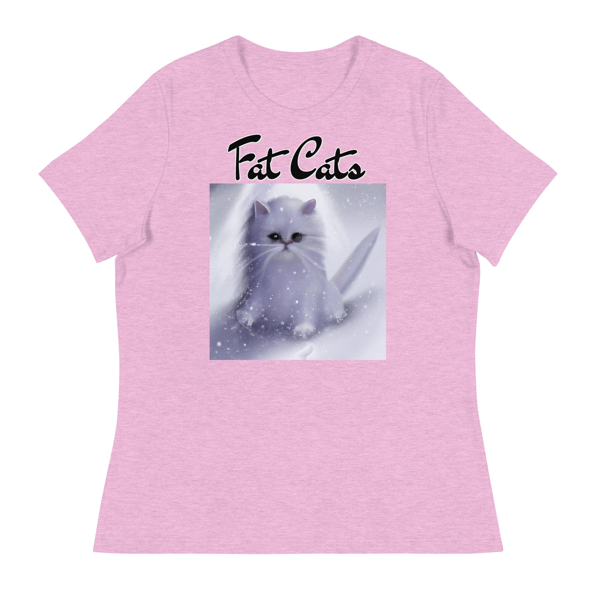 Women's T-Shirt with Fluffy White Kitten In The SNow with a text "Fat Cats" at $25.97 found at Personalizedpetlovergifts