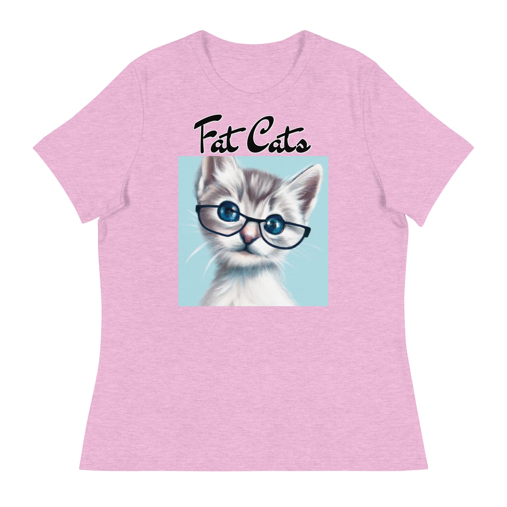 Women's T-Shirt with Fluffy Kitten With Glasses with a text "Fat Cats" at $25.97 found at Personalizedpetlovergifts