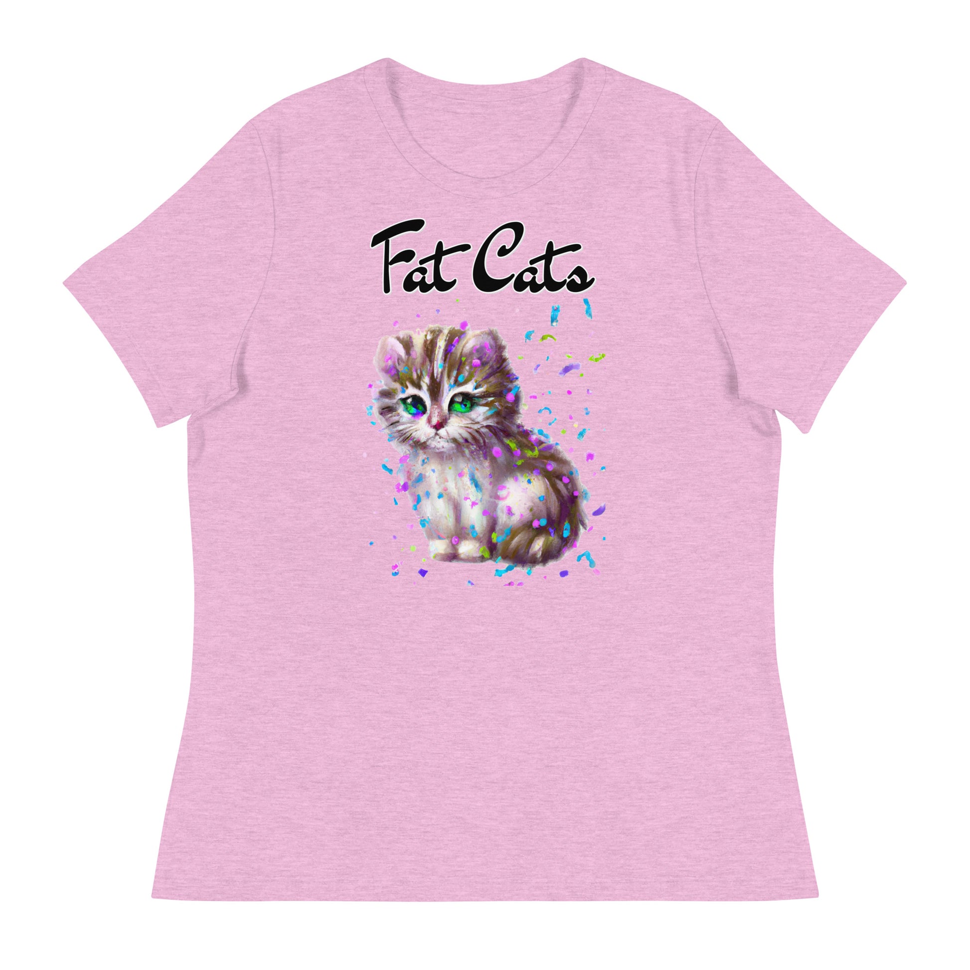 Women's T-Shirt with Fluffy Kitten With Confetti with a text "Fat Cats" at $25.97 found at Personalizedpetlovergifts