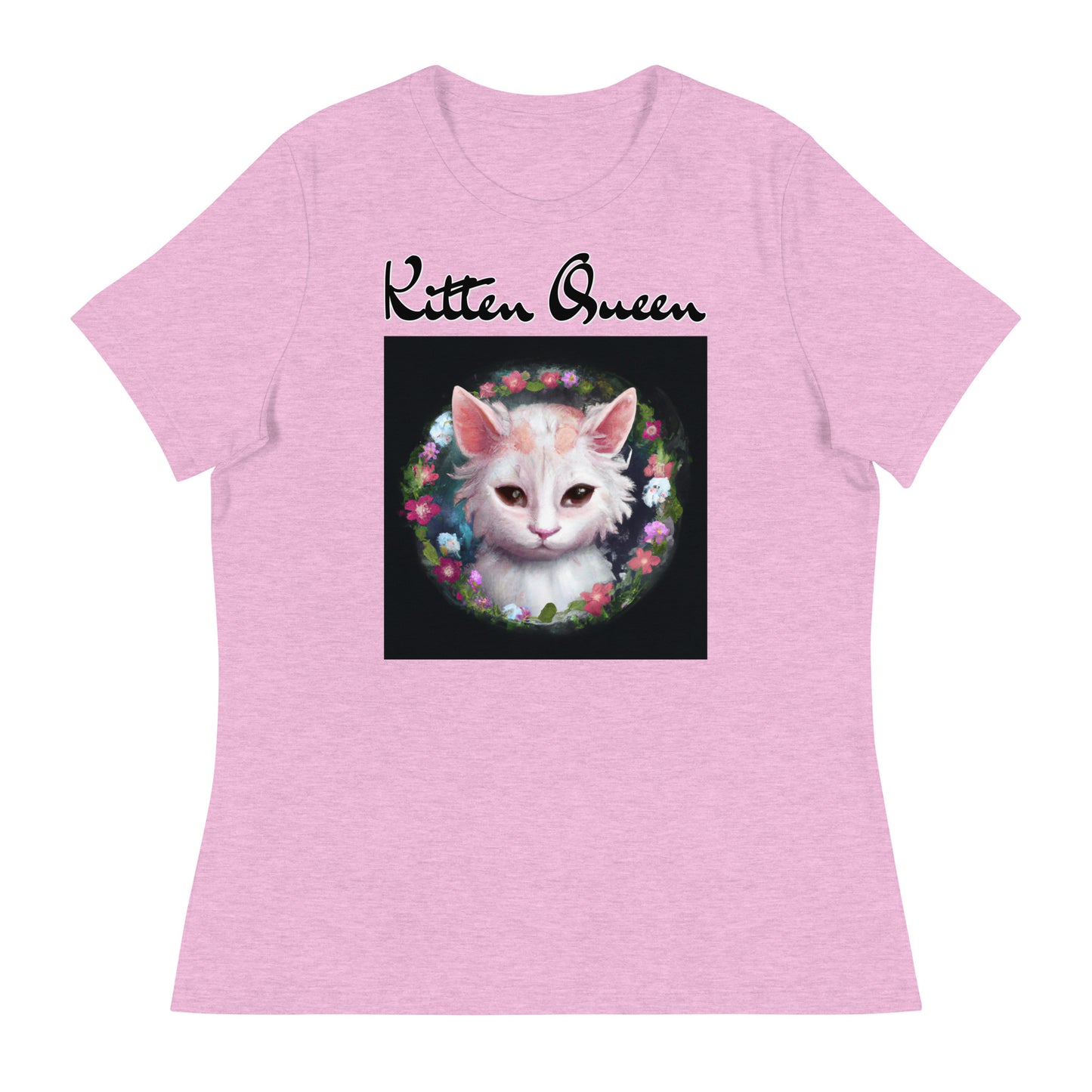 Women's T-Shirt with Kitten In a Floral Circle with a text "Kitten Queen" at $25.97 found at Personalizedpetlovergifts