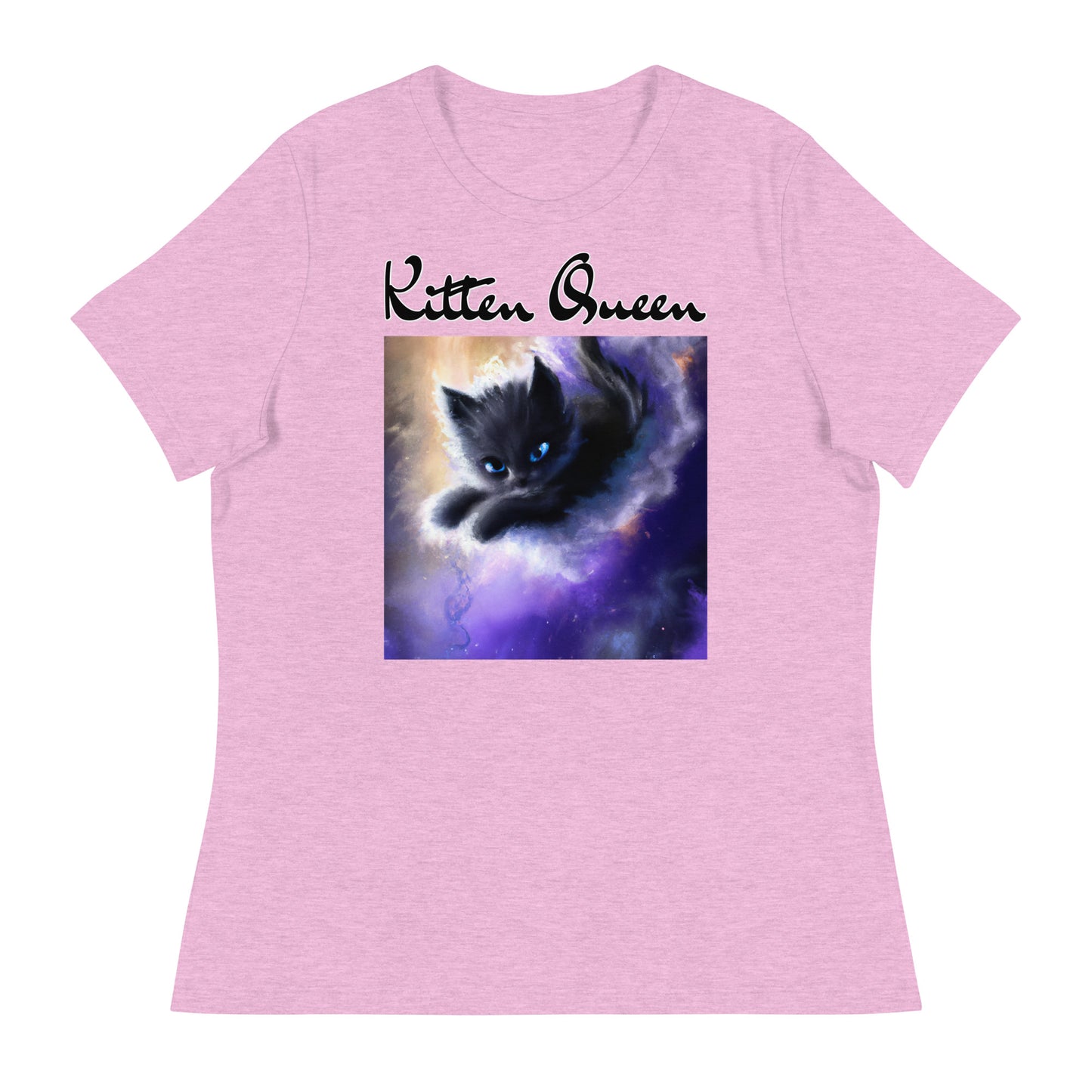 Women's T-Shirt with Kitten In A Cosmic Cloud with a text "Kitten Queen" at $25.97 found at Personalizedpetlovergifts