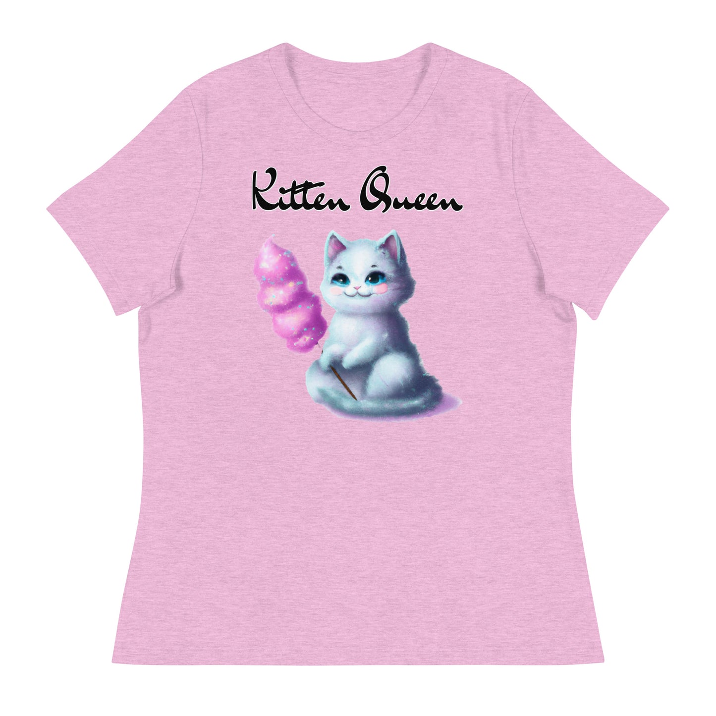 Women's T-Shirt with Kitten Holding A Cotton Candy with a text "Kitten Queen" at $25.97 found at Personalizedpetlovergifts