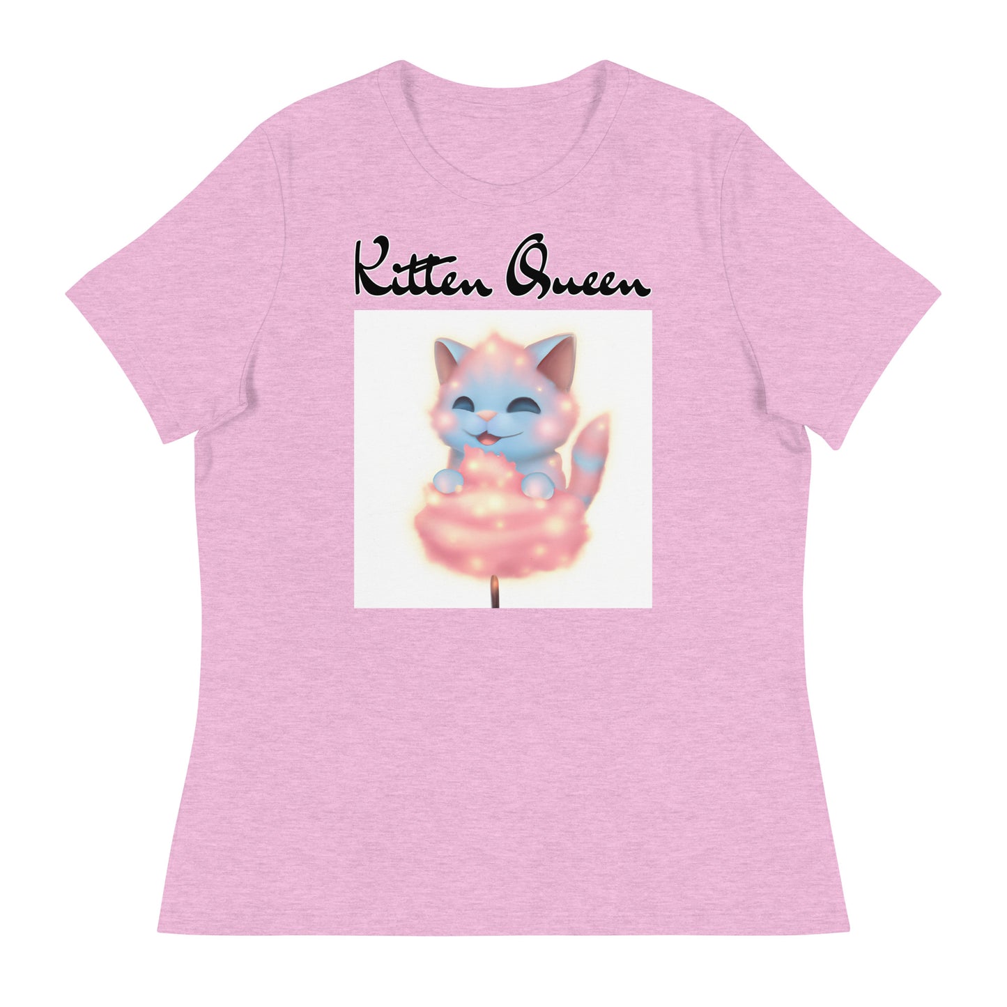 Women's T-Shirt with Kitten Enjoying a Cotton Candy with a text "Kitten Queen" at $25.97 found at Personalizedpetlovergifts