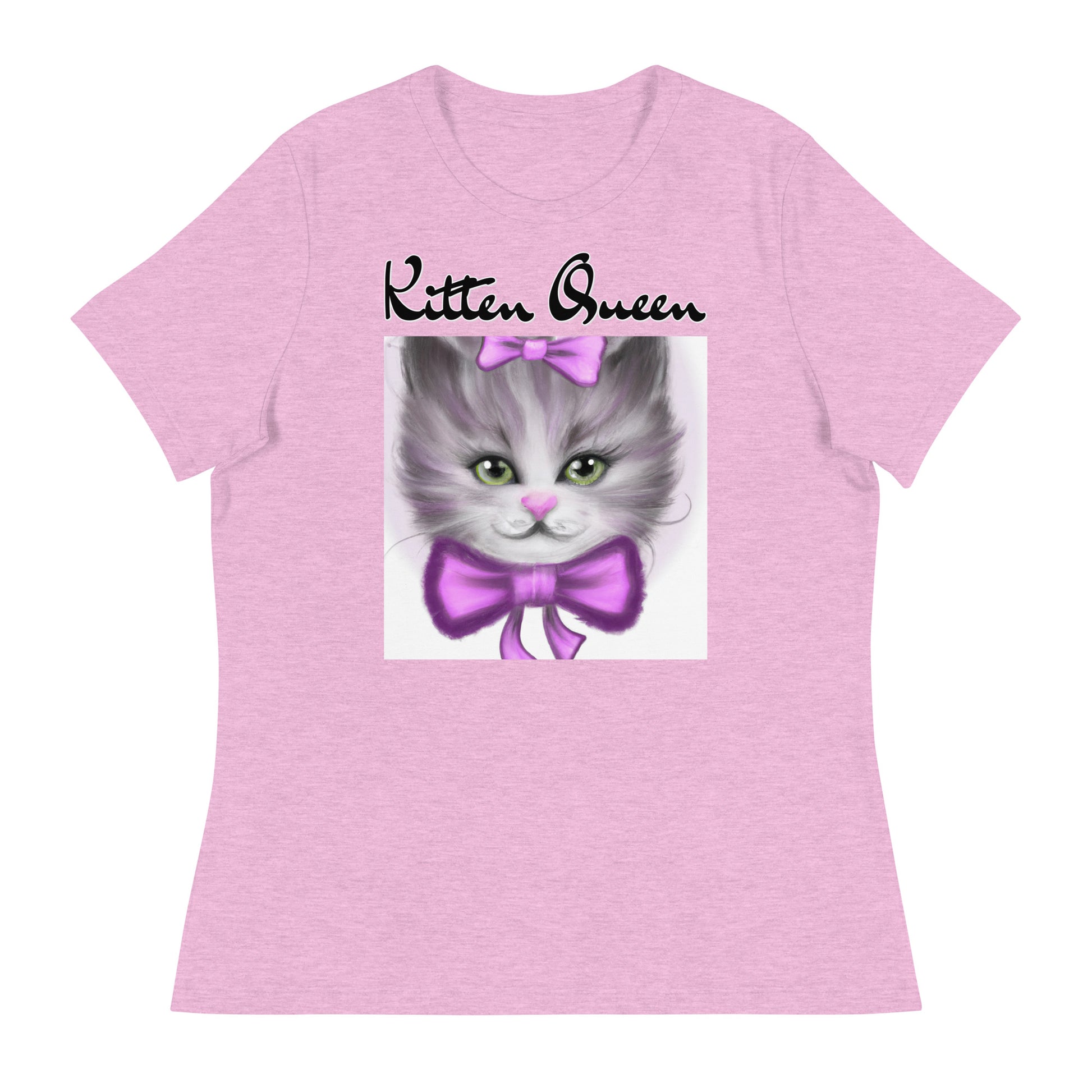 Women's T-Shirt with Happy Kitten With a Purple Bow with a text "Kitten Queen" at $25.97 found at Personalizedpetlovergifts