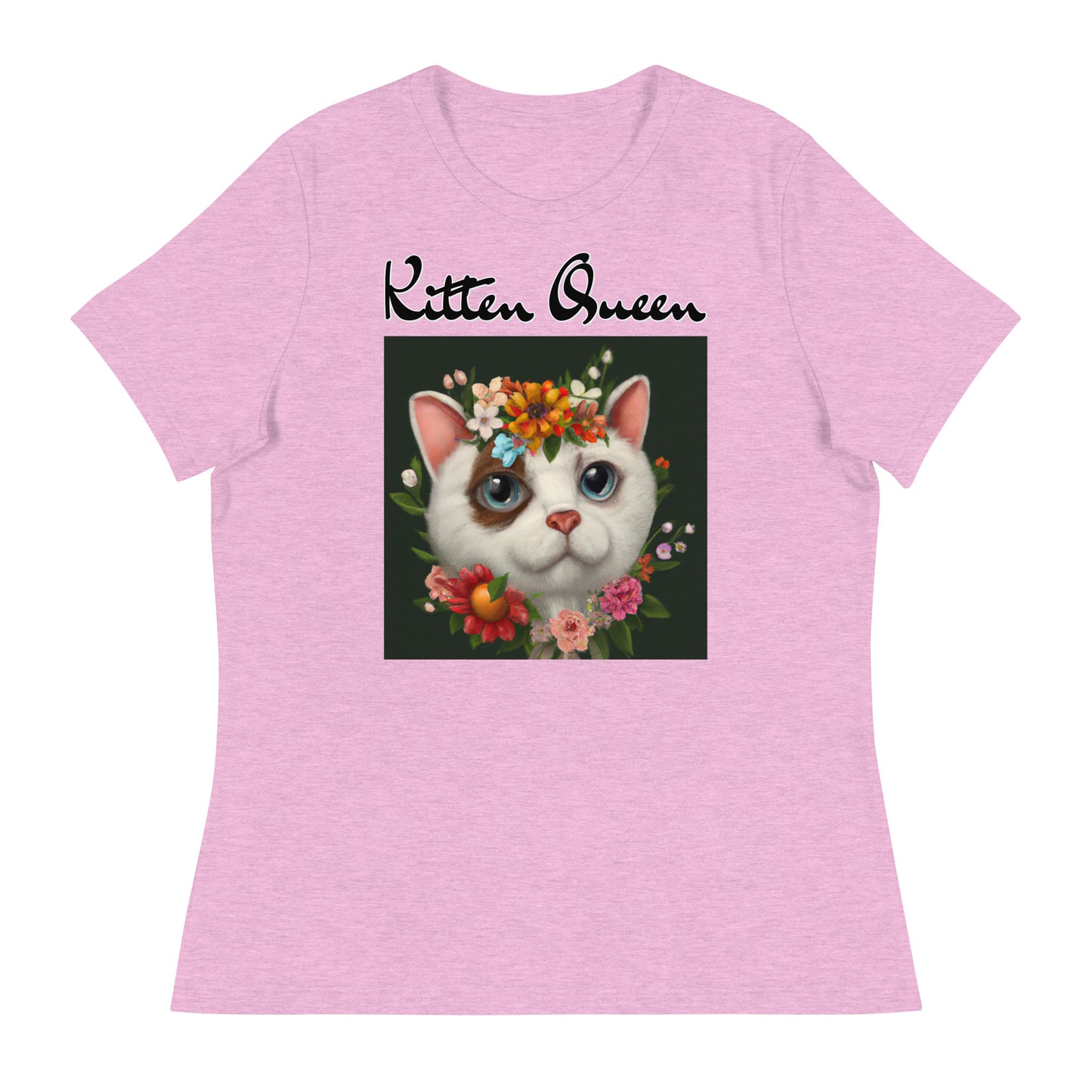 Women's T-Shirt with Happy Cat Portrait With Flowers with a text "Kitten Queen" at $25.97 found at Personalizedpetlovergifts