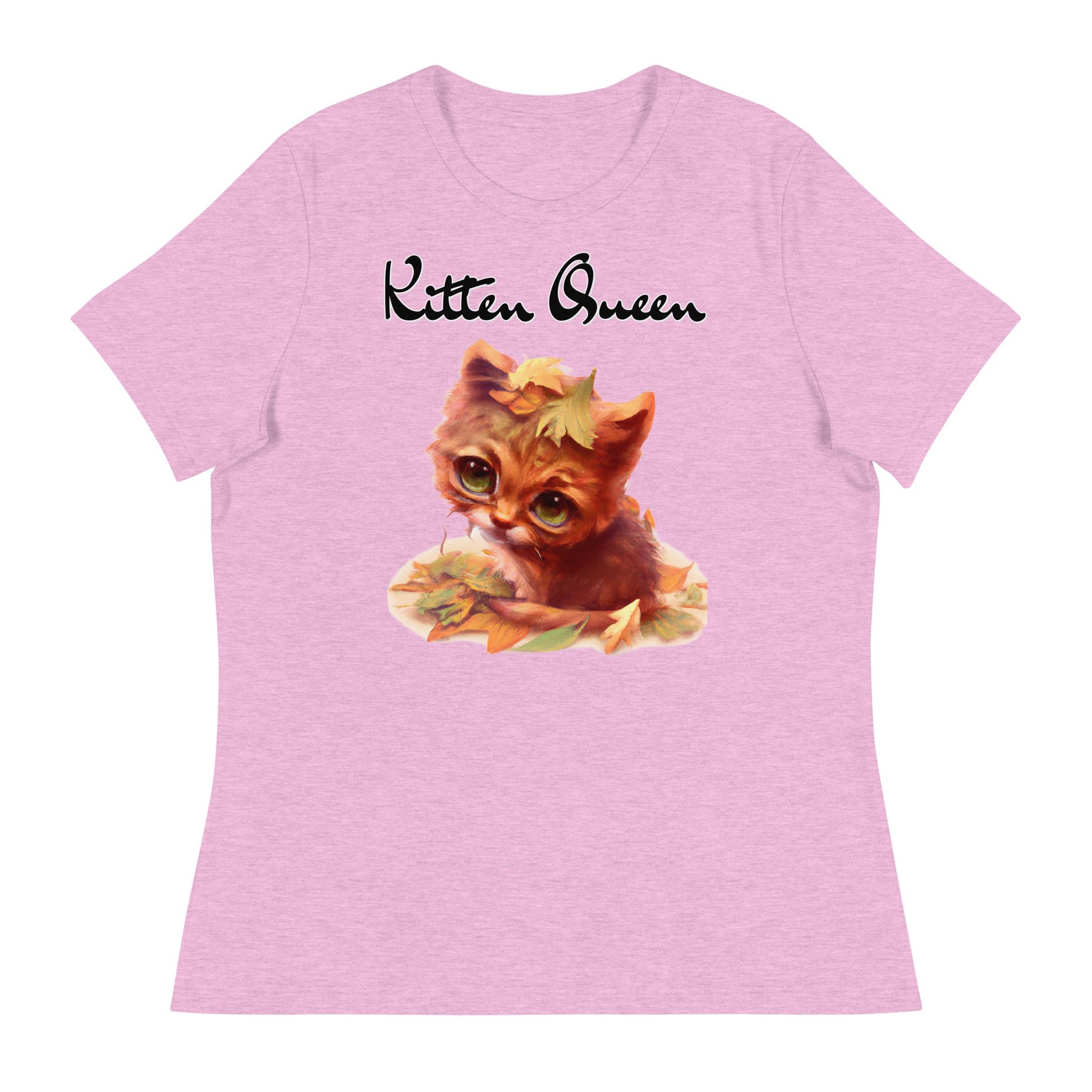 Women's T-Shirt with Ginger Cat With Autumn Leaves with a text "Kitten Queen" at $25.97 found at Personalizedpetlovergifts