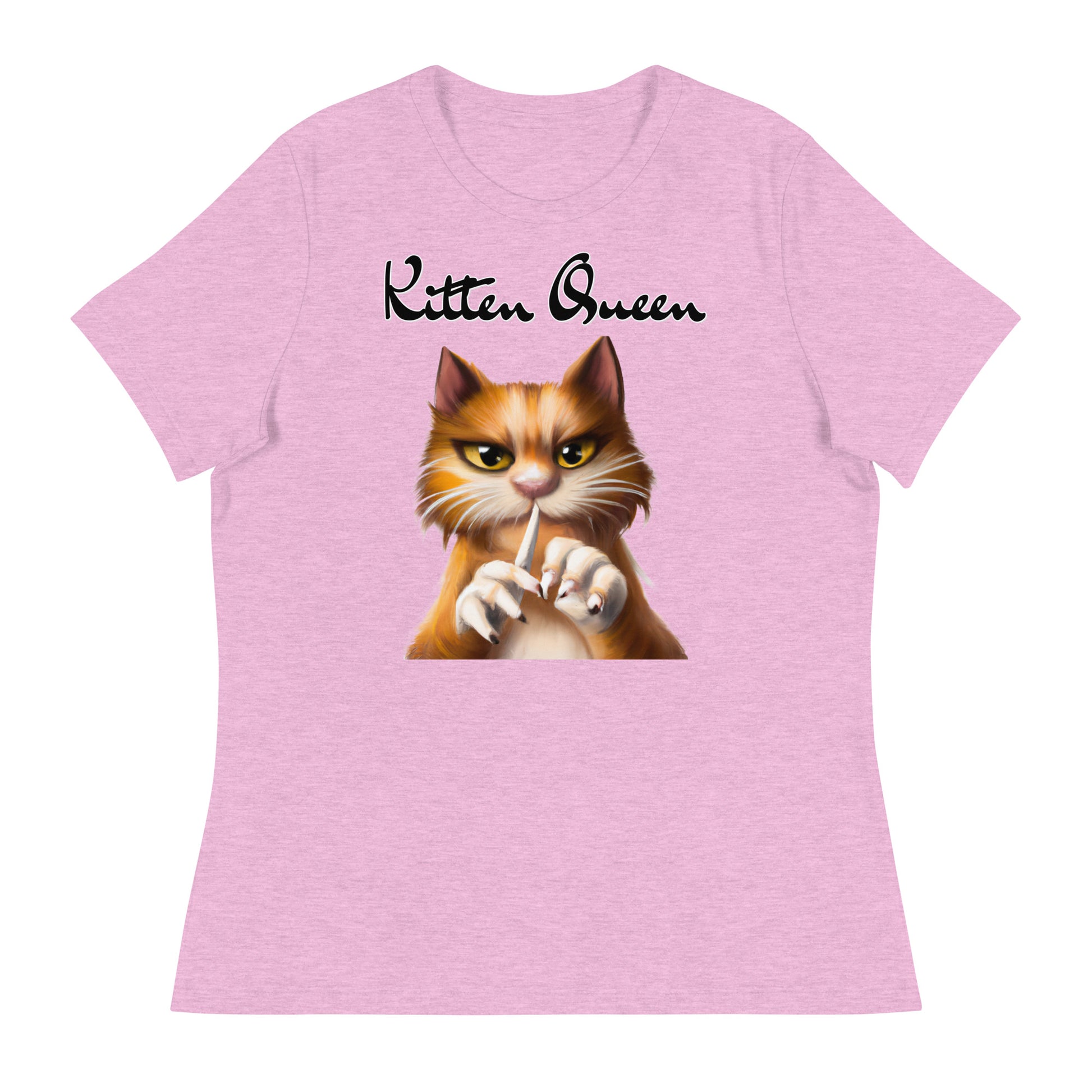 Women's T-Shirt with Ginger Cat Filing Its Nails with a text "Kitten Queen" at $25.97 found at Personalizedpetlovergifts