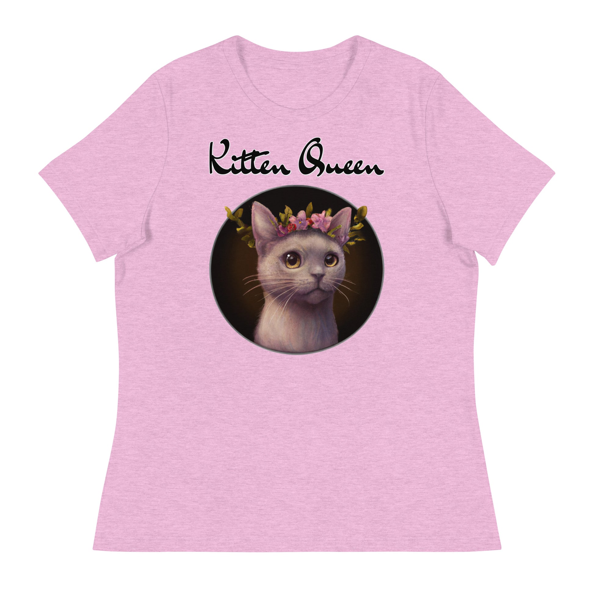 Women's T-Shirt with Gentle Cat With Pink Floral Headpiece with a text "Kitten Queen" at $25.97 found at Personalizedpetlovergifts