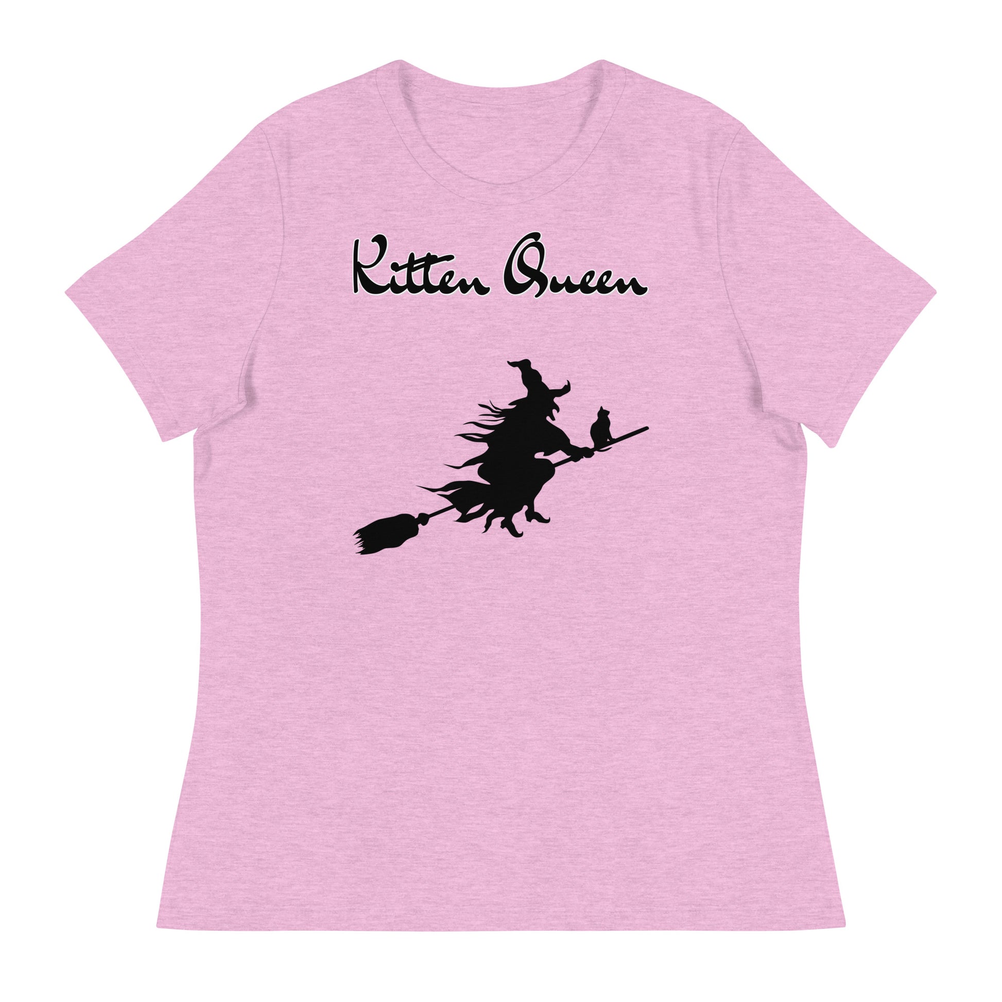 Women's T-Shirt with Flying Witch With Cat On a Broom with a text "Kitten Queen" at $25.97 found at Personalizedpetlovergifts