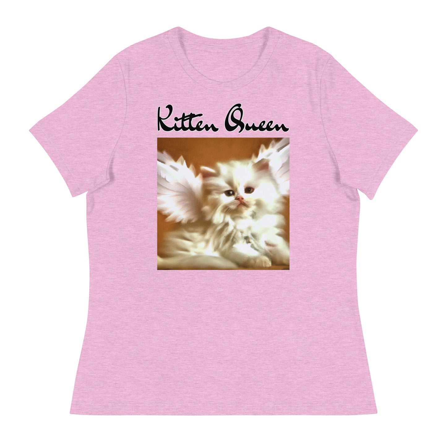 Women's T-Shirt with Fluffy White Kitten With Angel Wings with a text "Kitten Queen" at $25.97 found at Personalizedpetlovergifts