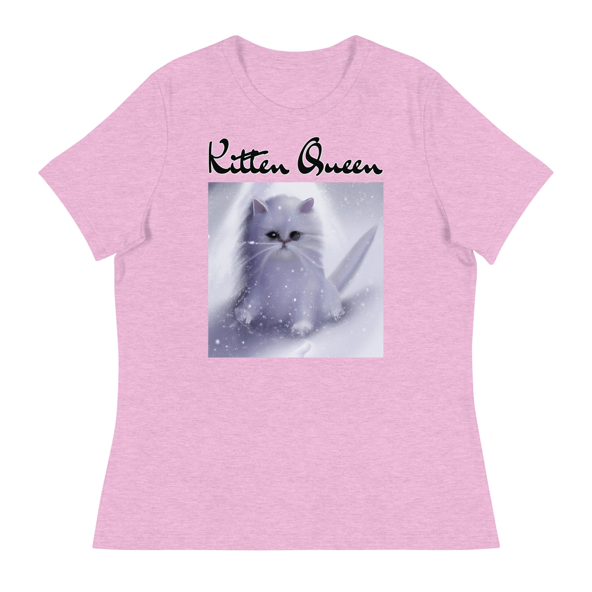 Women's T-Shirt with Fluffy White Kitten In The SNow with a text "Kitten Queen" at $25.97 found at Personalizedpetlovergifts