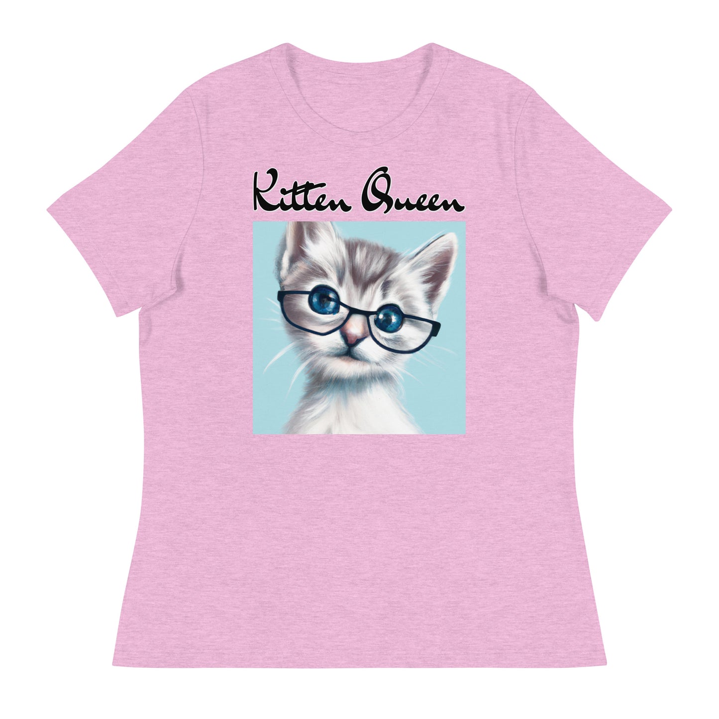 Women's T-Shirt with Fluffy Kitten With Glasses with a text "Kitten Queen" at $25.97 found at Personalizedpetlovergifts