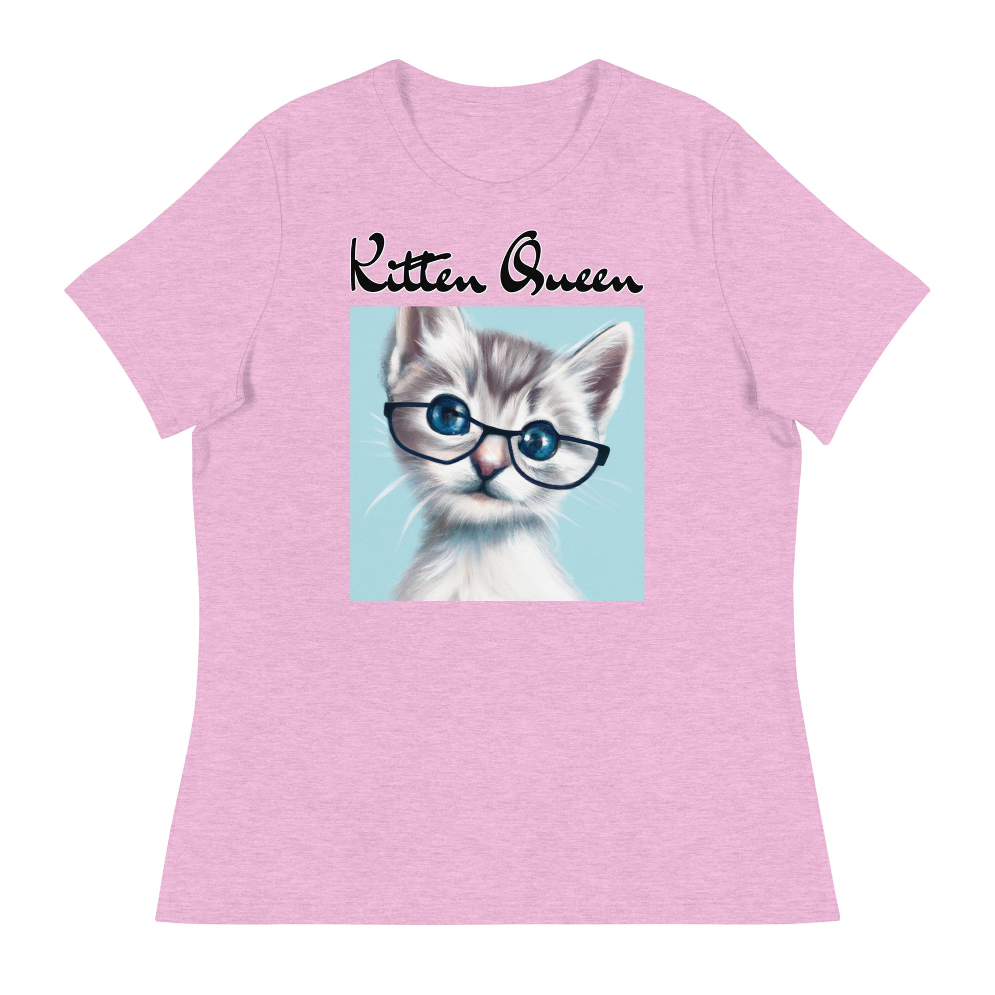 Women's T-Shirt with Fluffy Kitten With Glasses with a text "Kitten Queen" at $25.97 found at Personalizedpetlovergifts