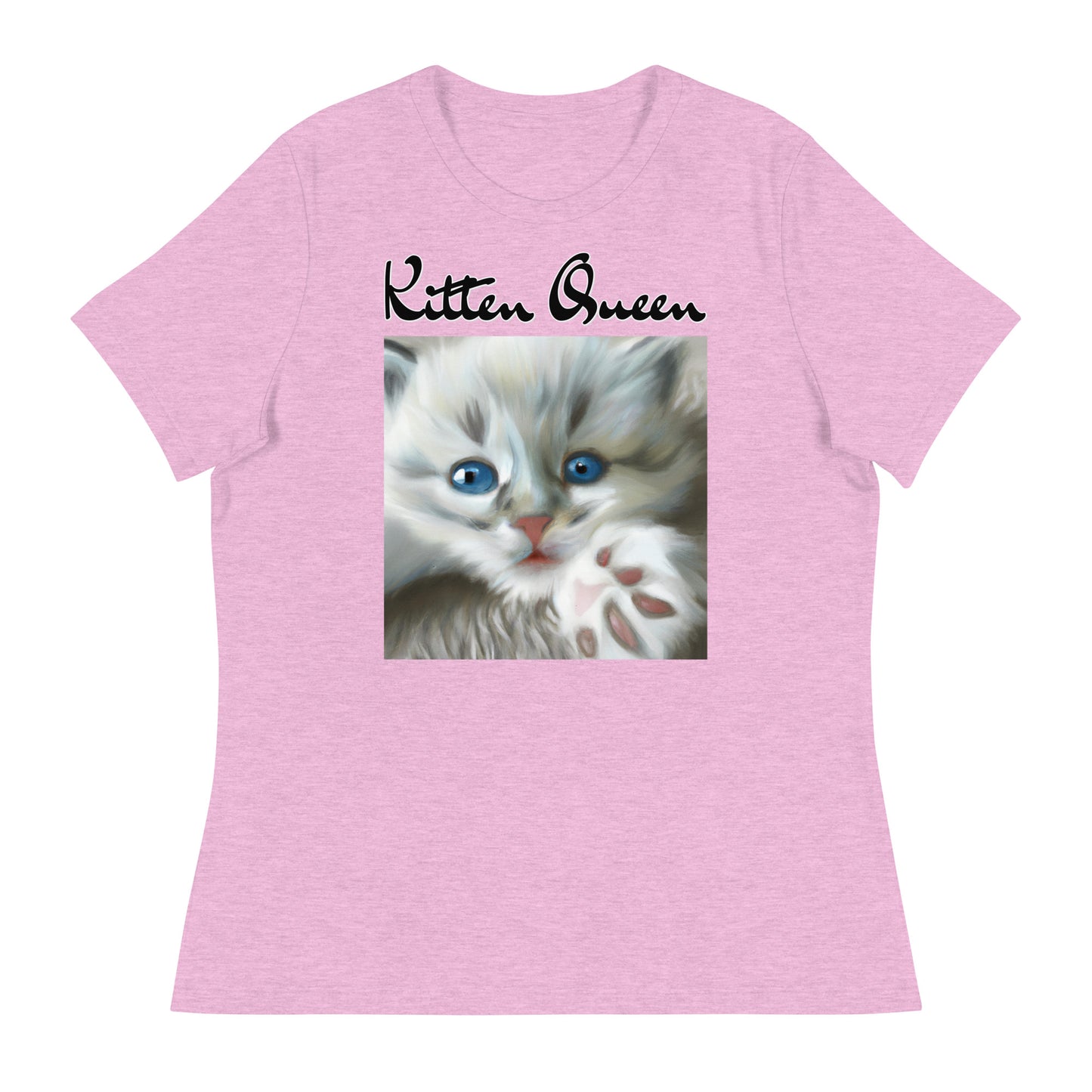 Women's T-Shirt with Fluffy Kitten With Fluffy Paw with a text "Kitten Queen" at $25.97 found at Personalizedpetlovergifts