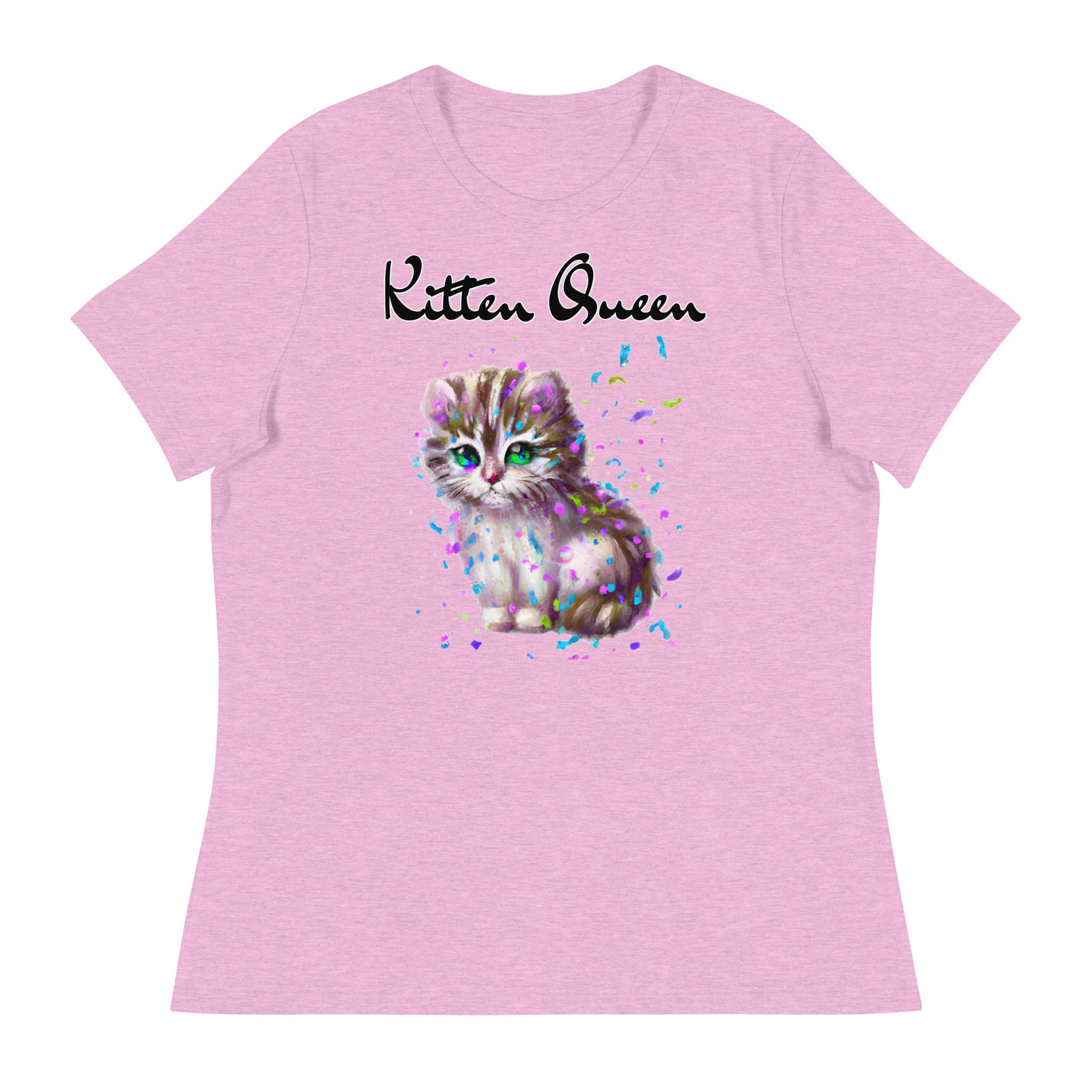 Women's T-Shirt with Fluffy Kitten With Confetti with a text "Kitten Queen" at $25.97 found at Personalizedpetlovergifts